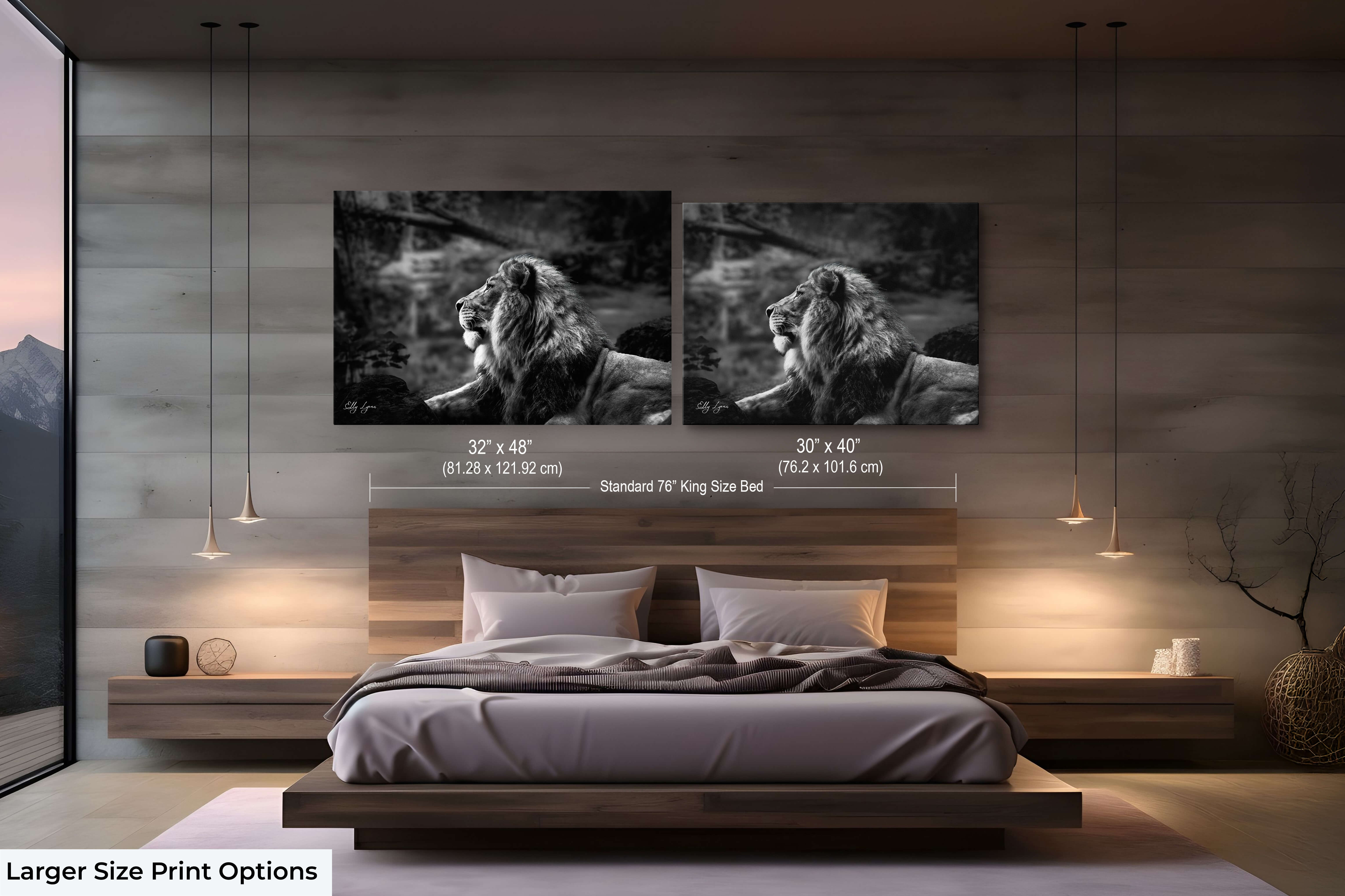 Dramatic lion wall art in 30x40 and 32x48 sizes displayed above a luxury bedroom for a bold, calming centerpiece.