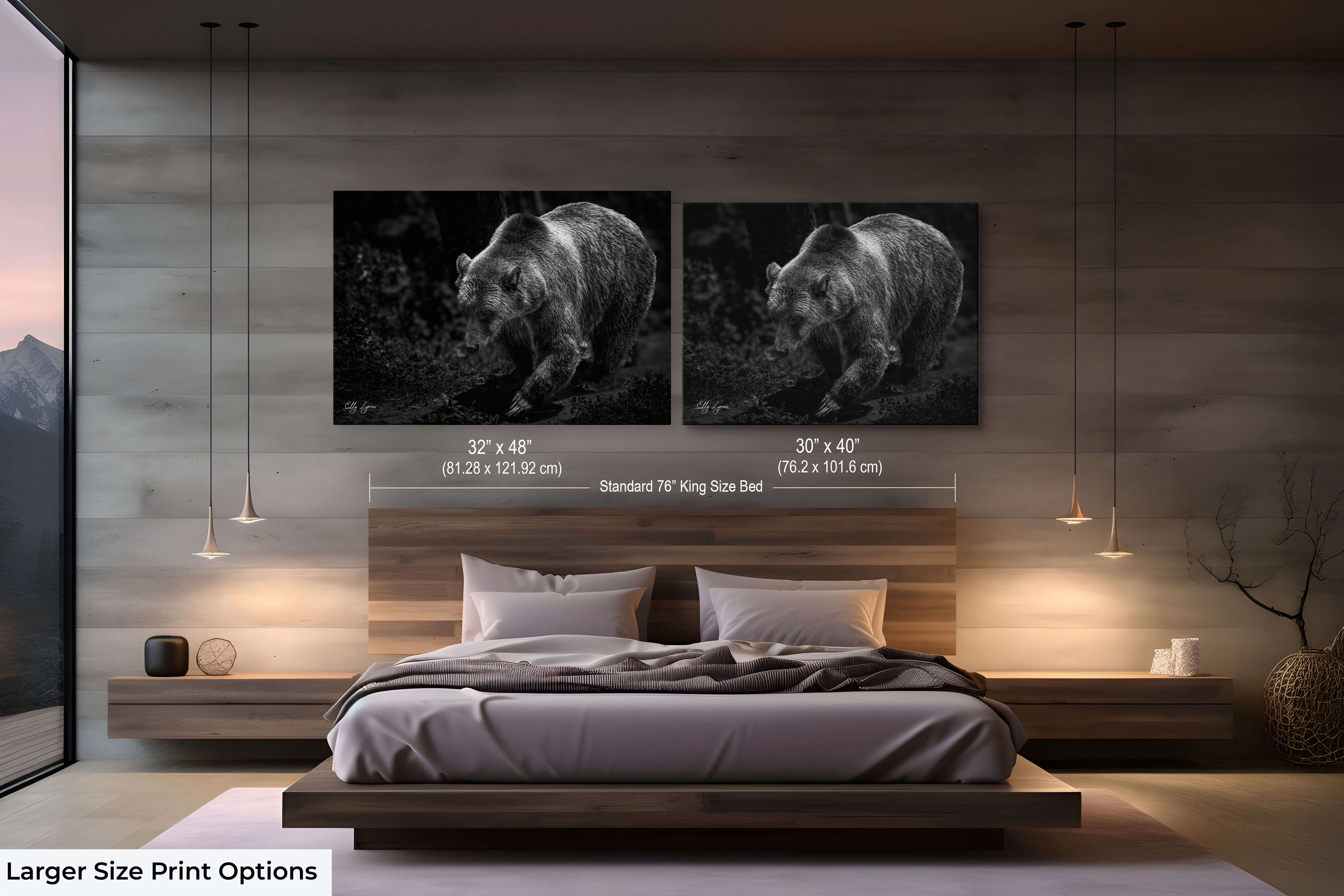 The Untamed Spirit' grizzly bear photography print shown in large formats above a modern wood-accented bed for scale demonstration.