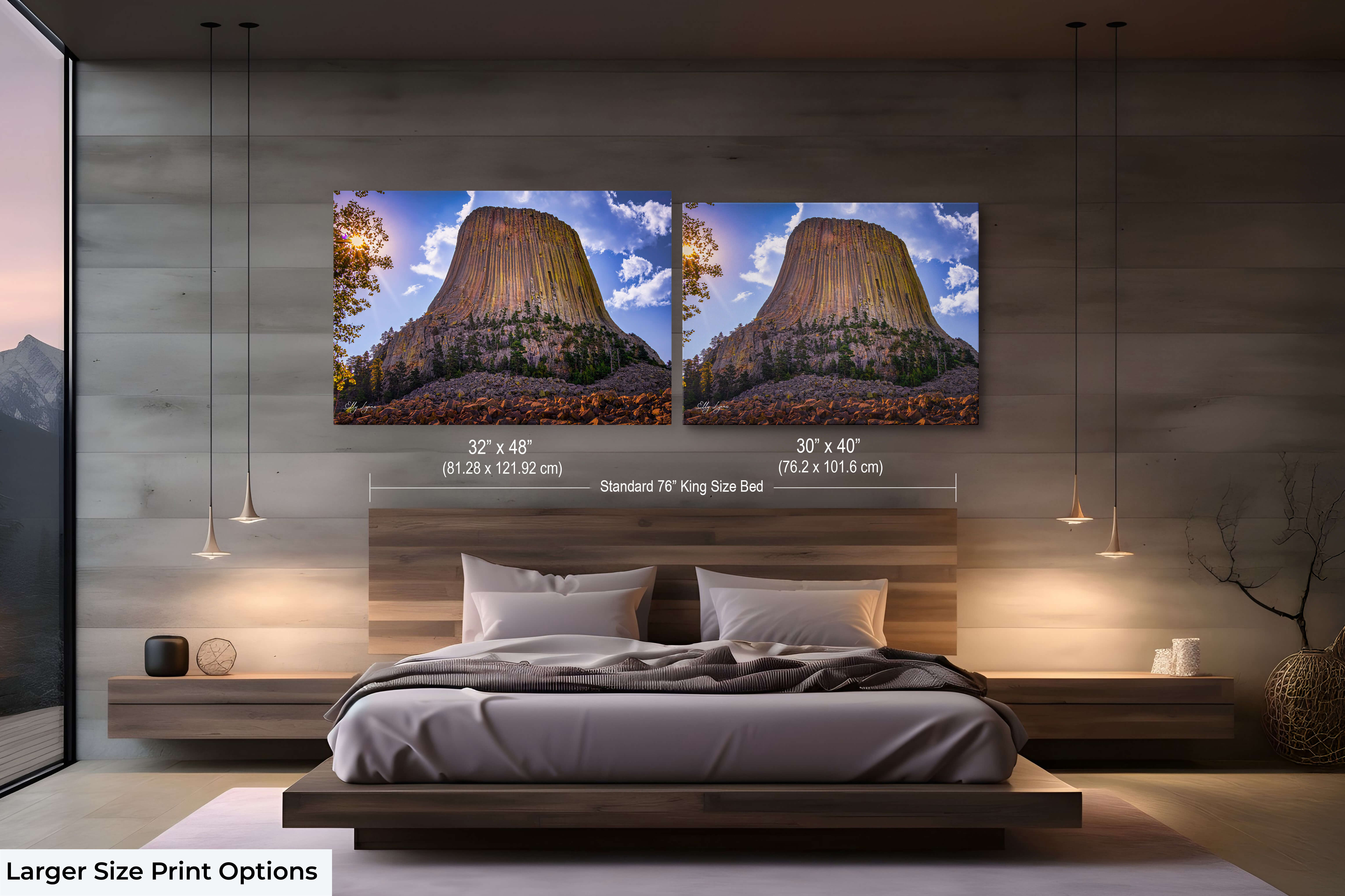 Large format 30x40 and 32x48 Devil’s Tower print displayed in a luxury bedroom setting with warm, earthy tones.
