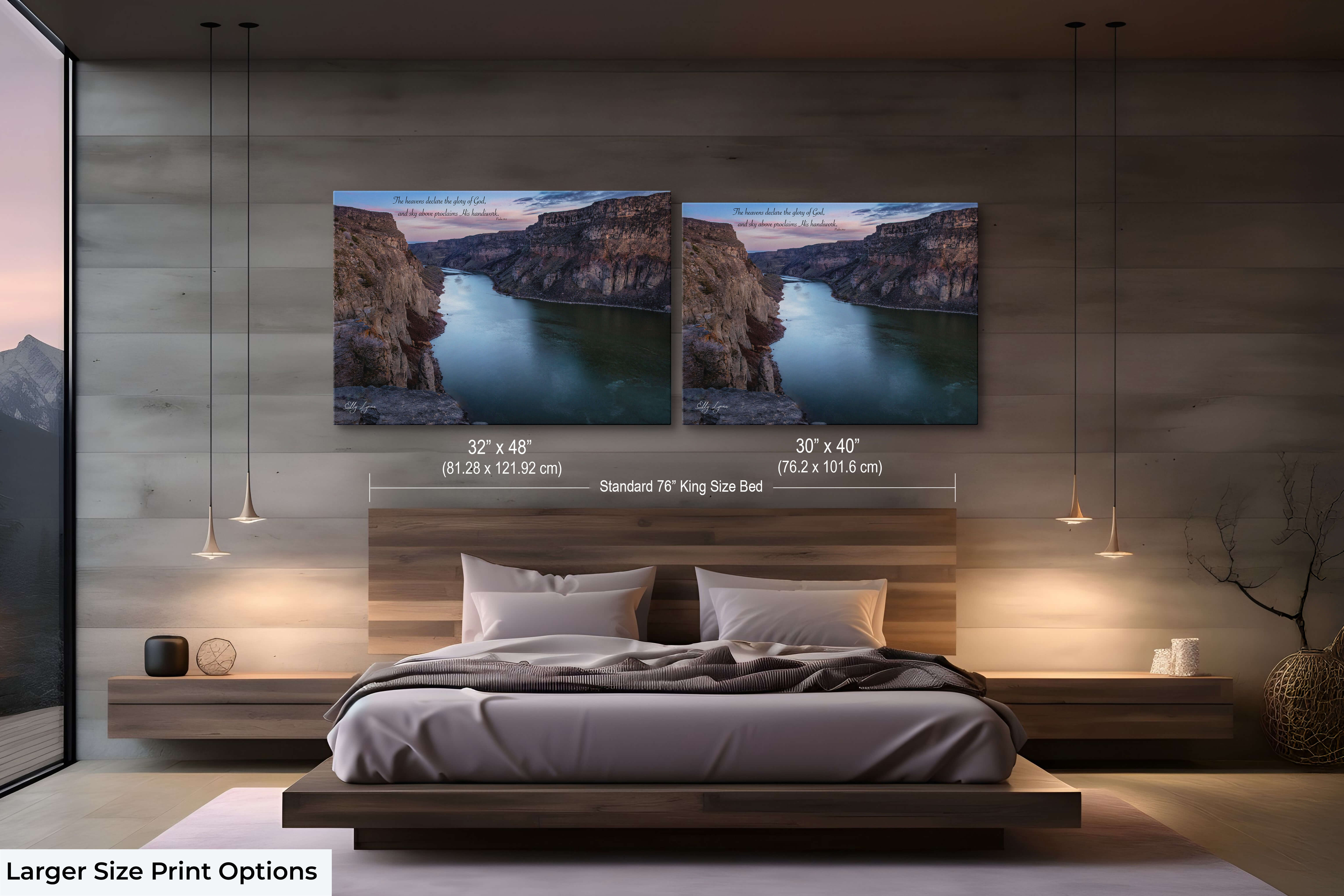 Large Christian wall art set of Snake River Canyon and Psalm 19:1, styled over a tranquil bedroom scene.