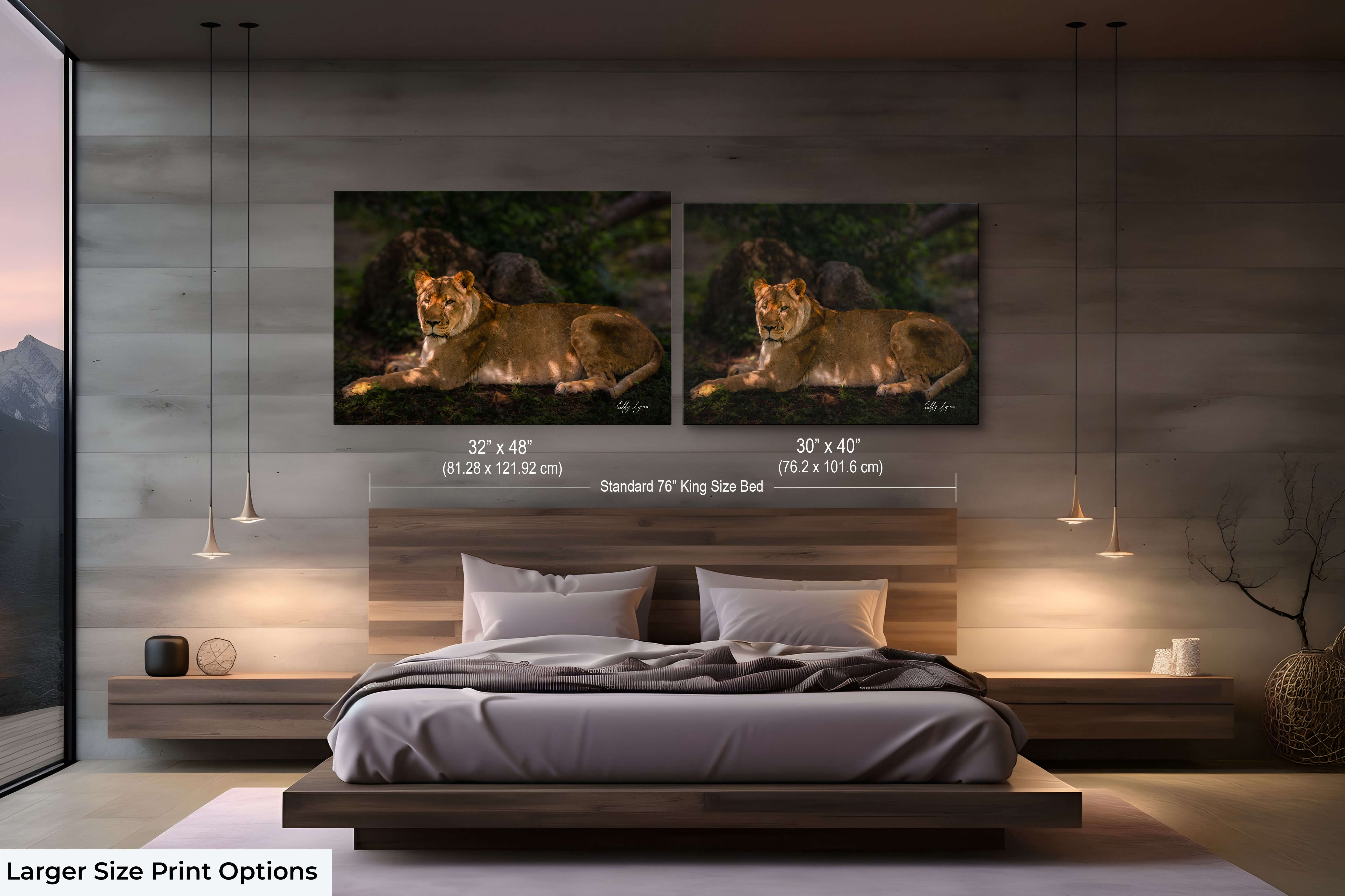 Large-scale lioness prints in natural tones hung above a rustic modern wood-paneled bedroom.