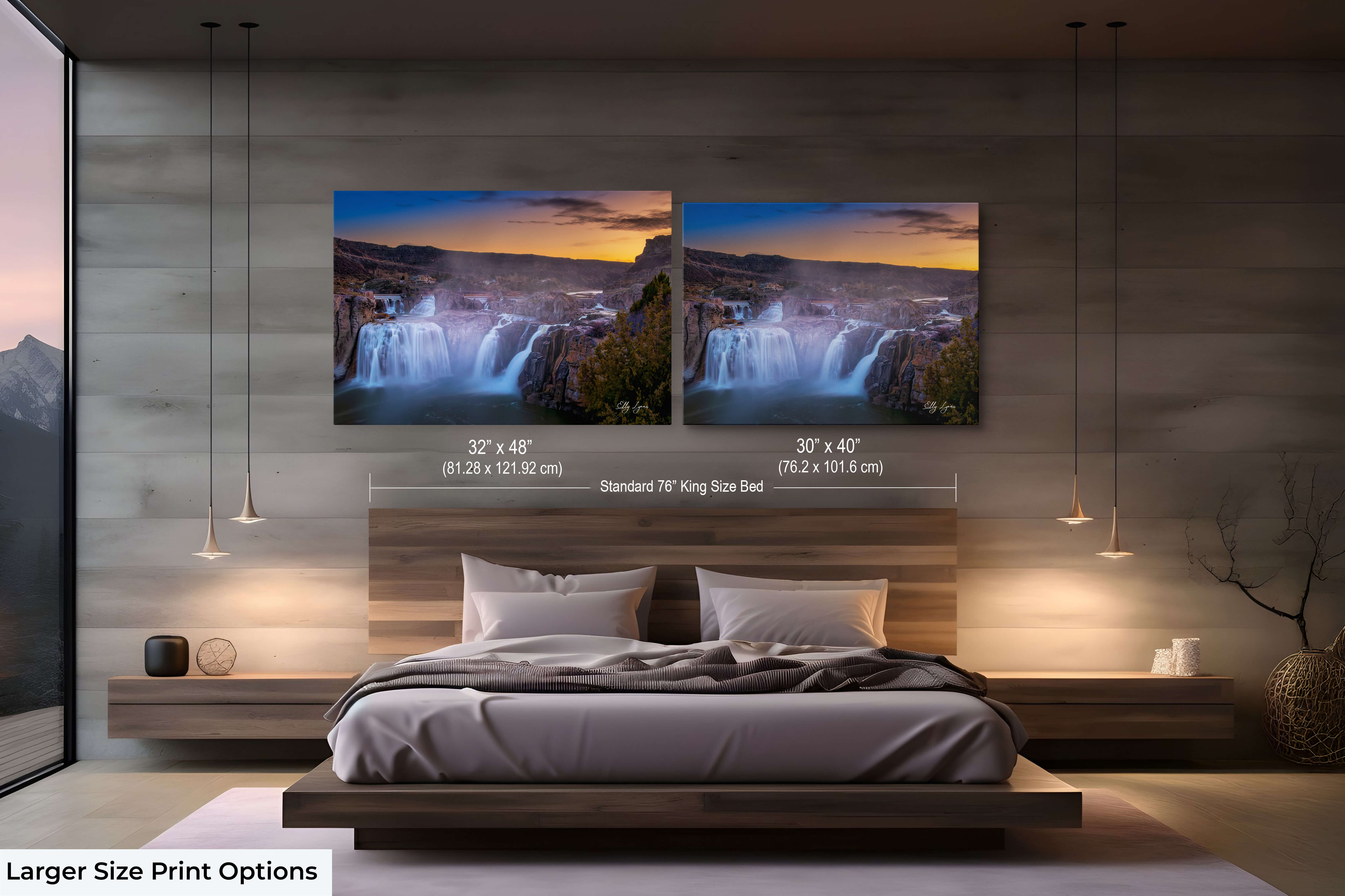 Large sized Shoshone Falls artwork shown above a 76" king bed, demonstrating the impact of large-scale