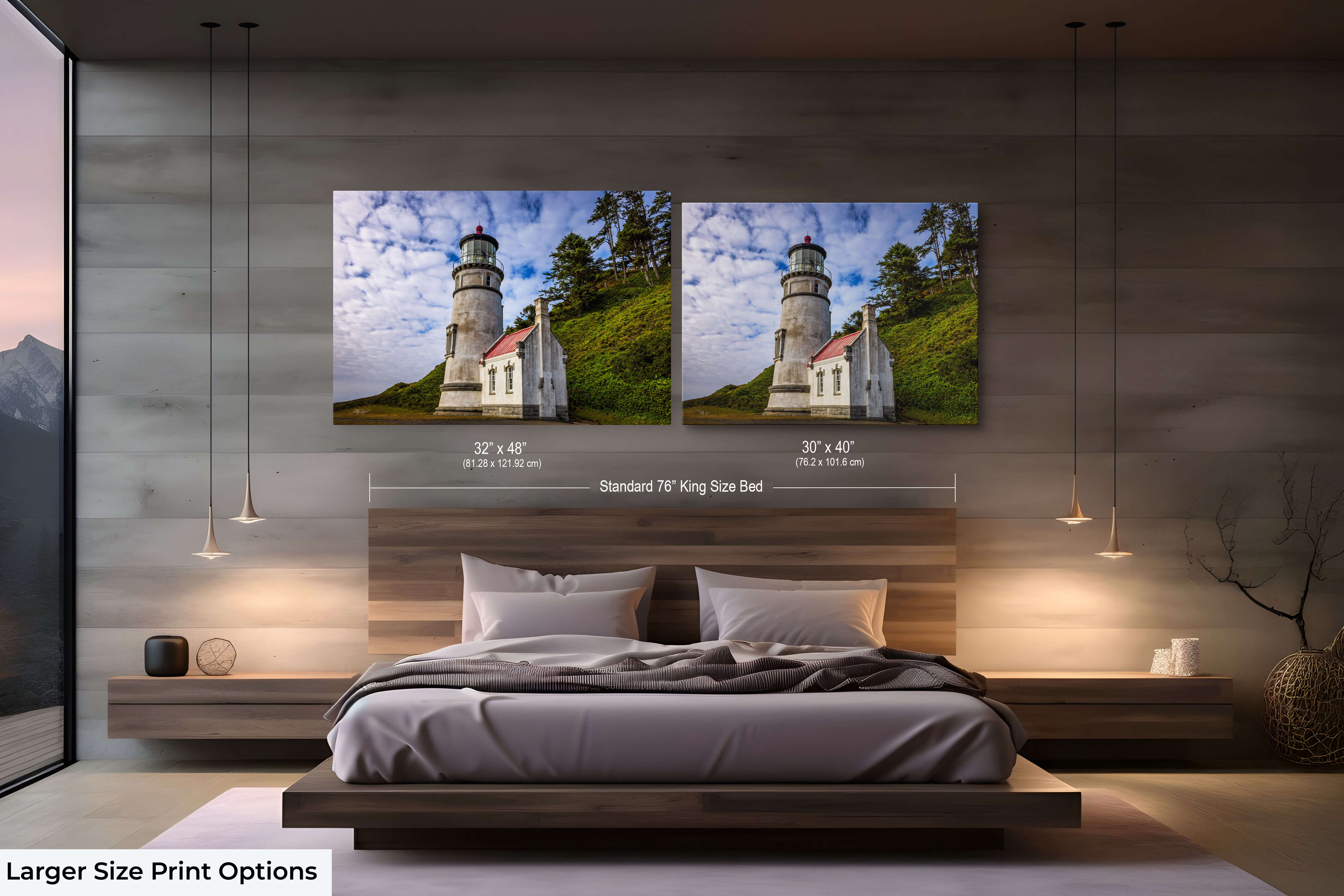 Large lighthouse photograph displayed above bed with coastal landscape pair.