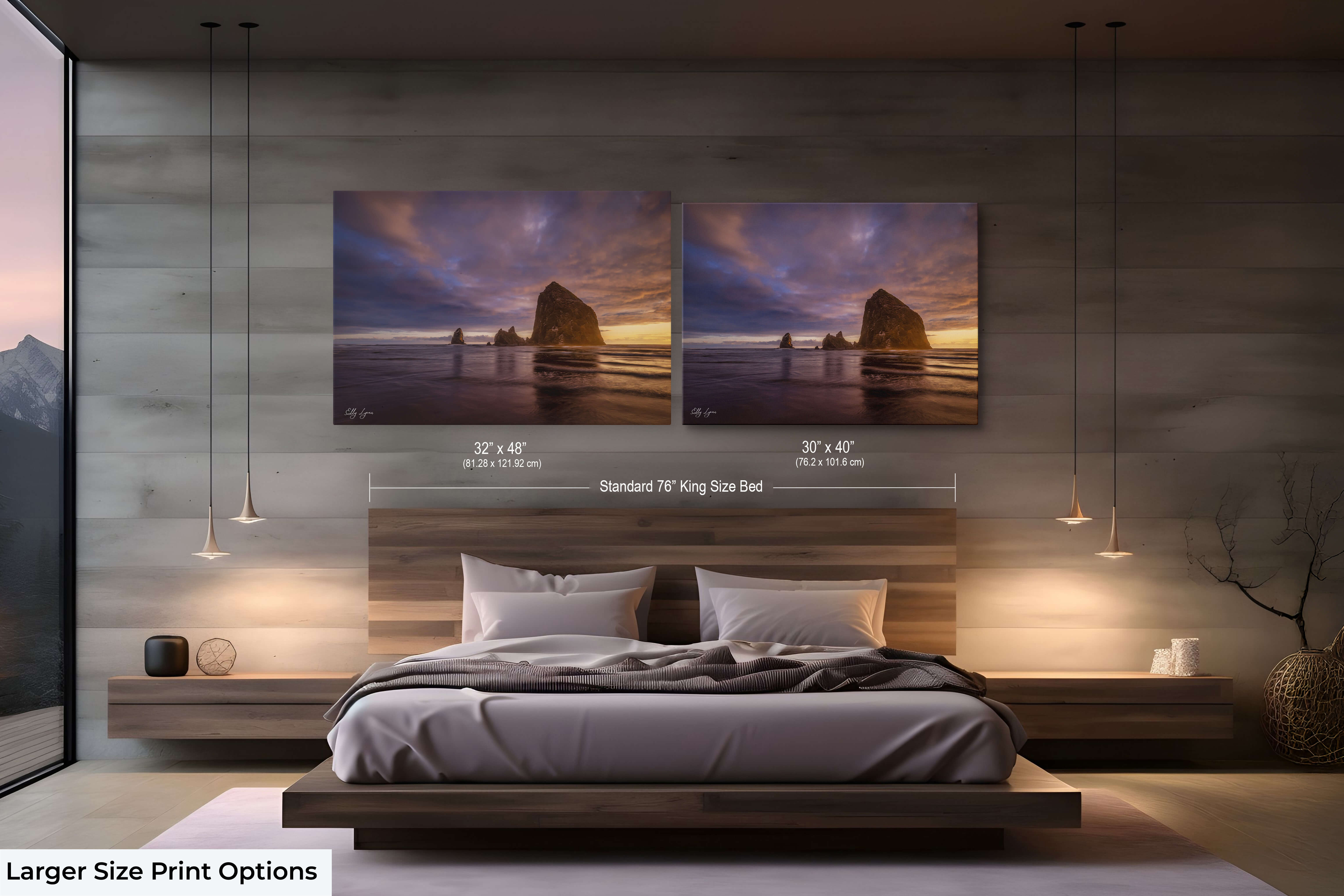 Two large Haystack Rock sunset prints add drama and calm to a modern bedroom.