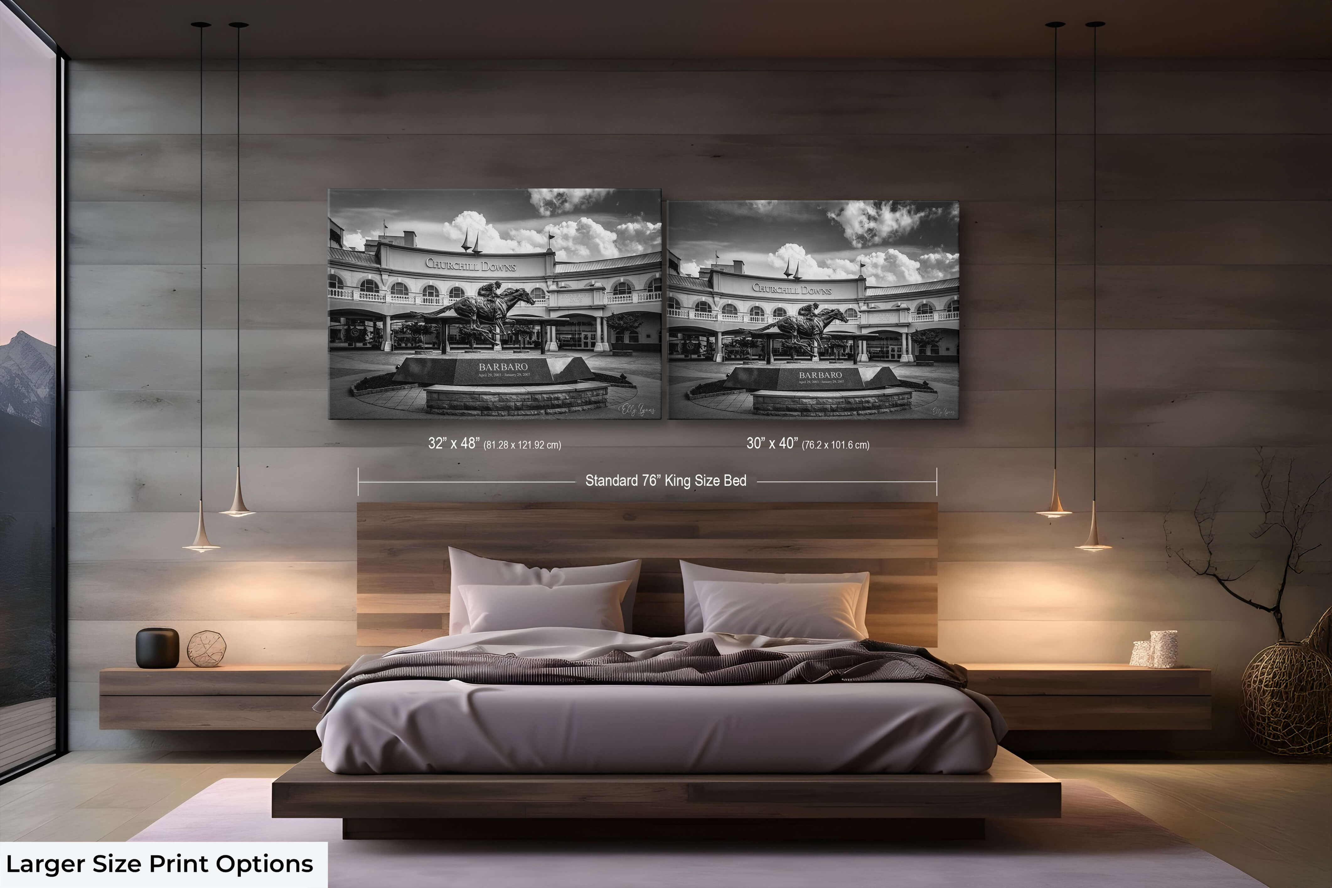 Large Size Prints in Luxury Bedroom – Large sizes of Churchill Downs wall art (20x30 and 24x36) displayed over a luxurious bed with elegant lighting.
