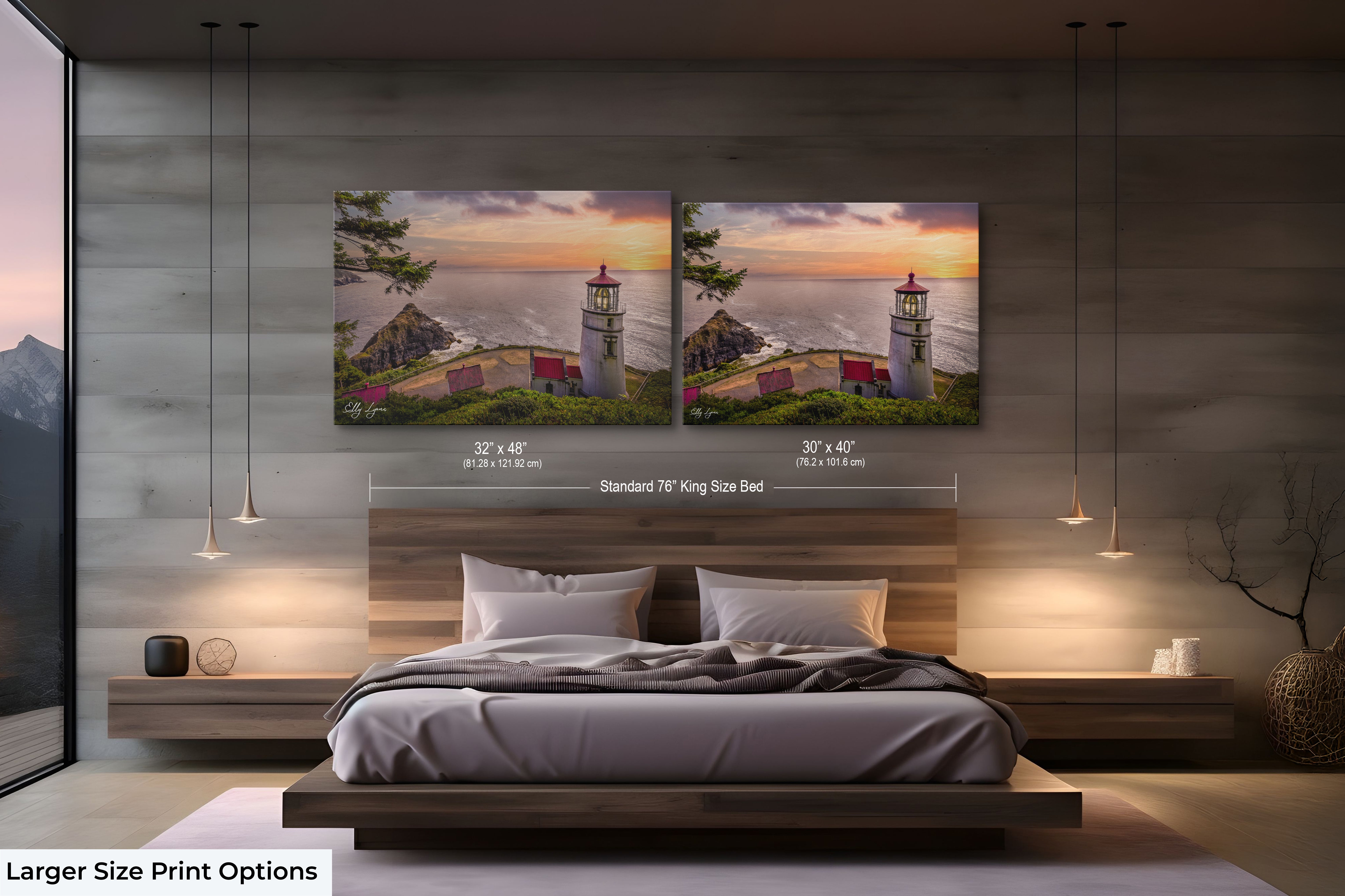 Large lighthouse photo and coastal landscape art over a headboard.