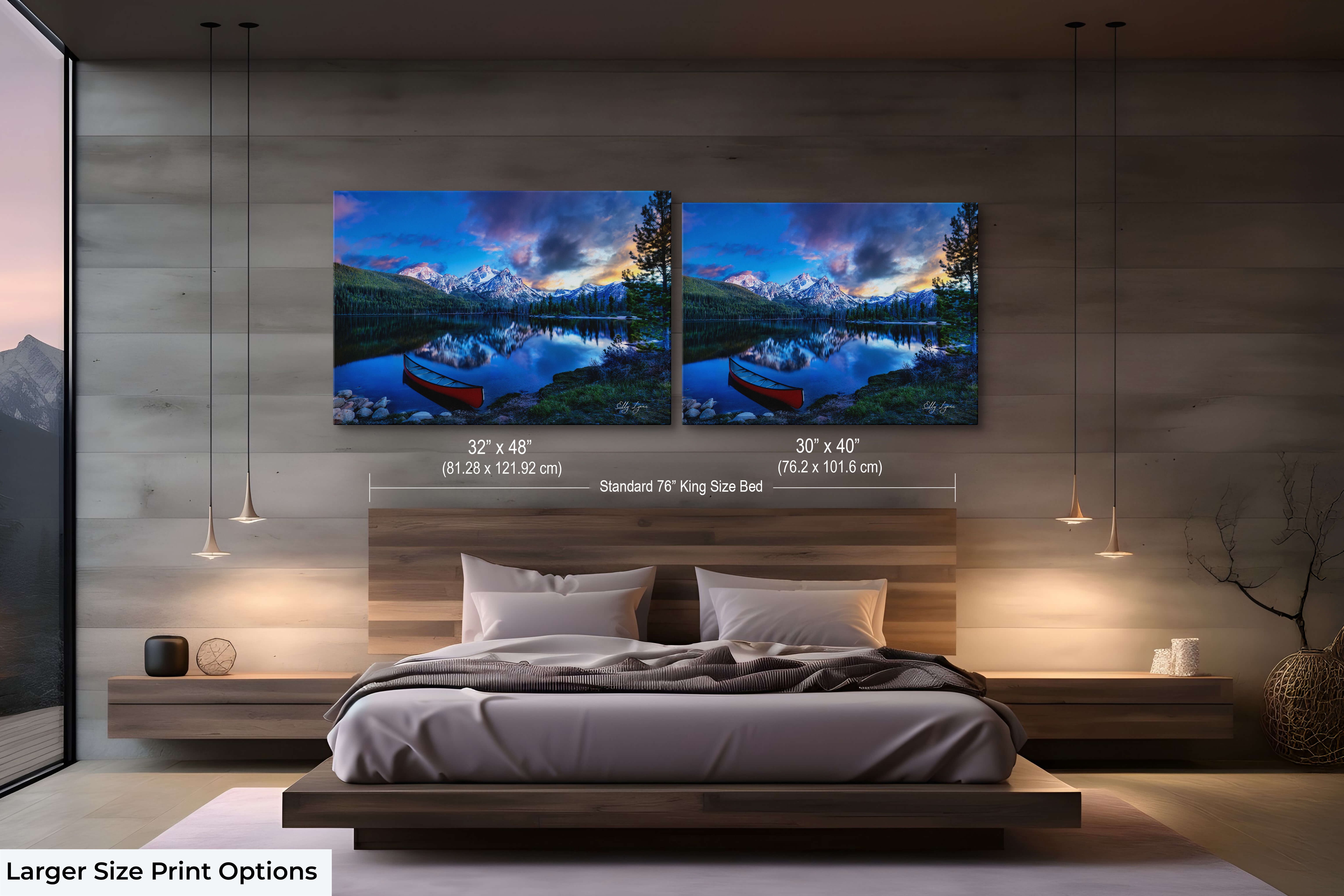 Oversized Sawtooth mountain print with reflection for peaceful, scenic bedroom.