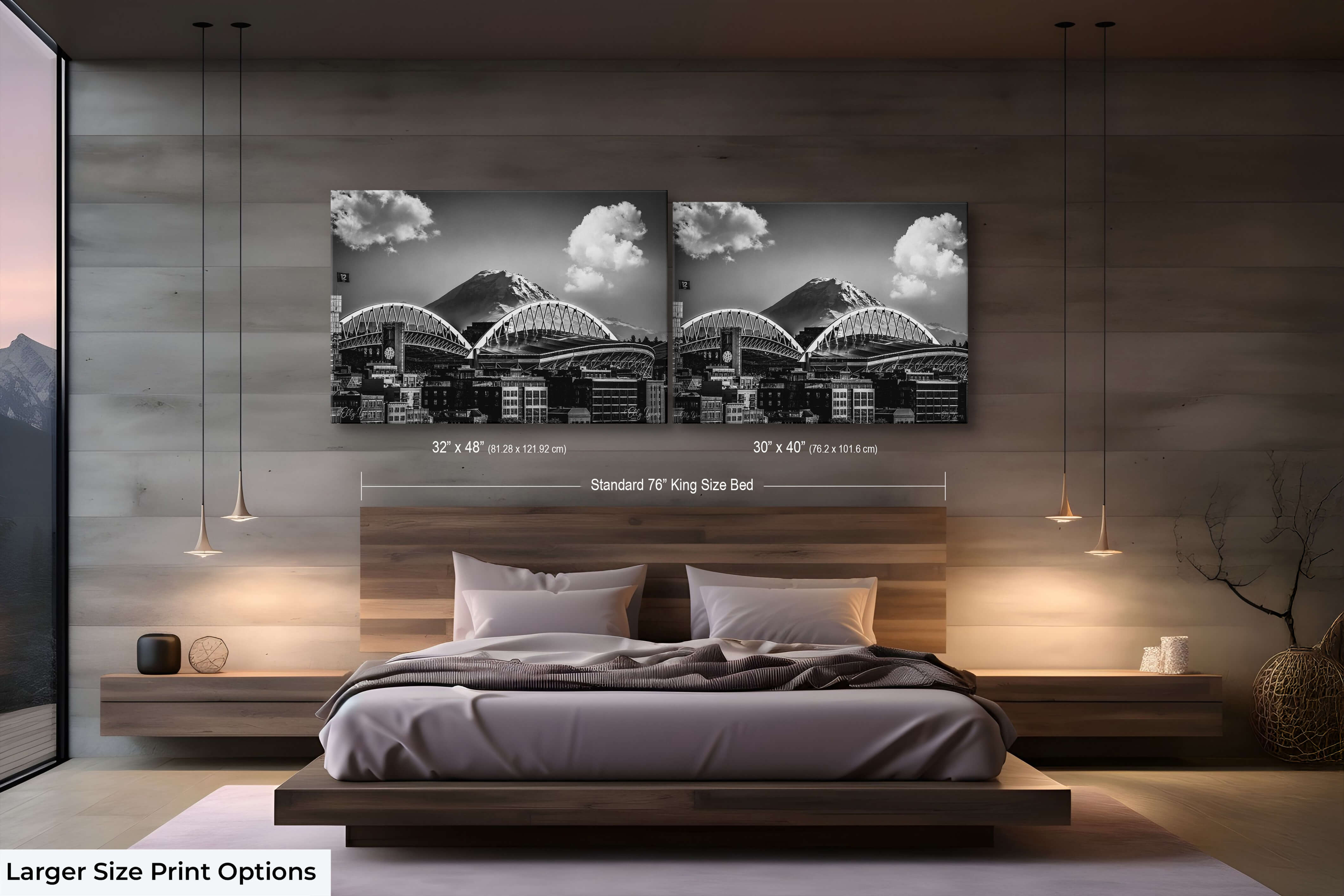 Luxury bedroom styled with large-format black and white Lumen Field and Mount Rainier wall art above a king-size bed.