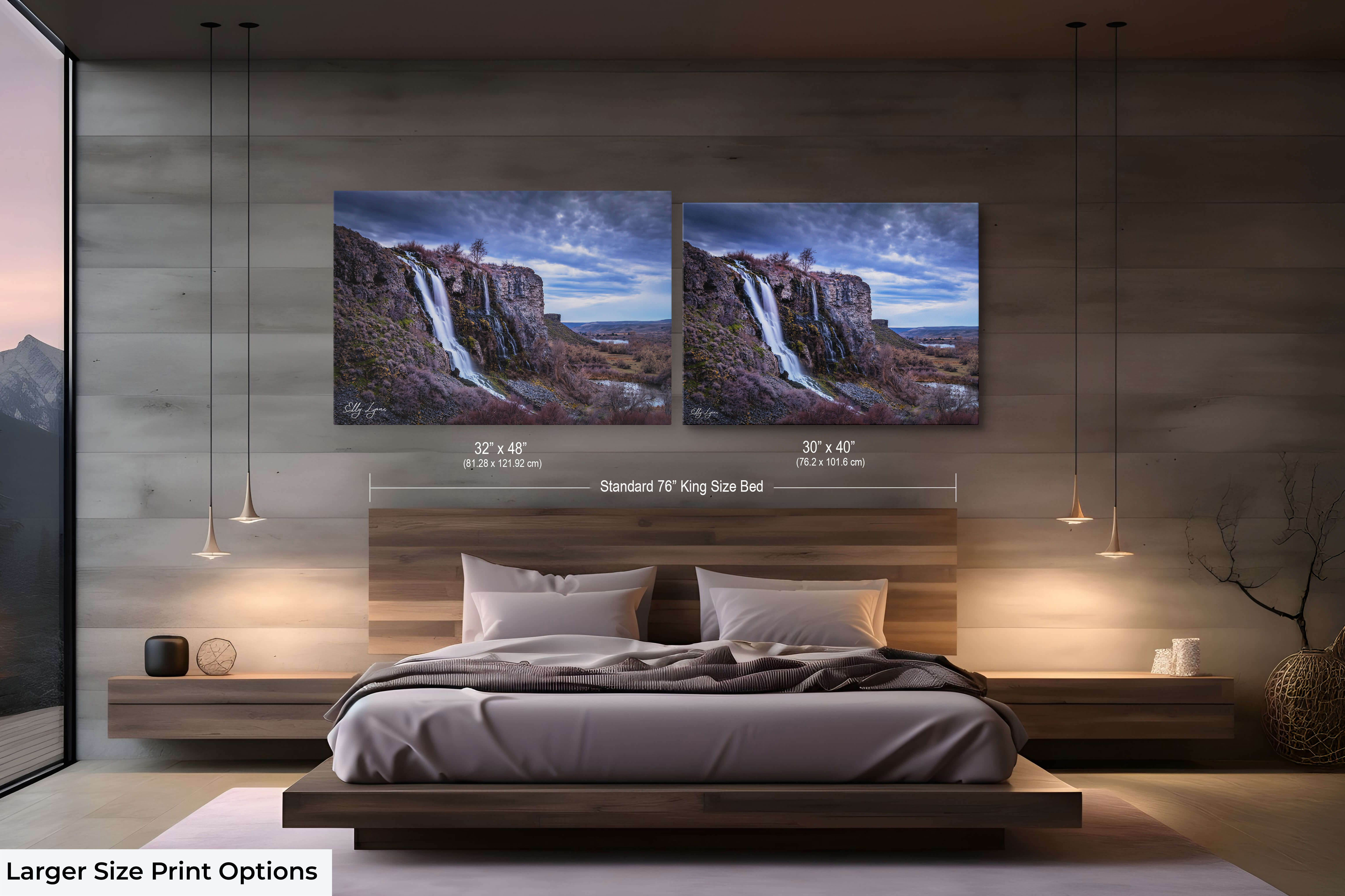 Large-format Ritter Island Gorge waterfall artwork shown in a luxury bedroom above a 76" king bed for dramatic effect.