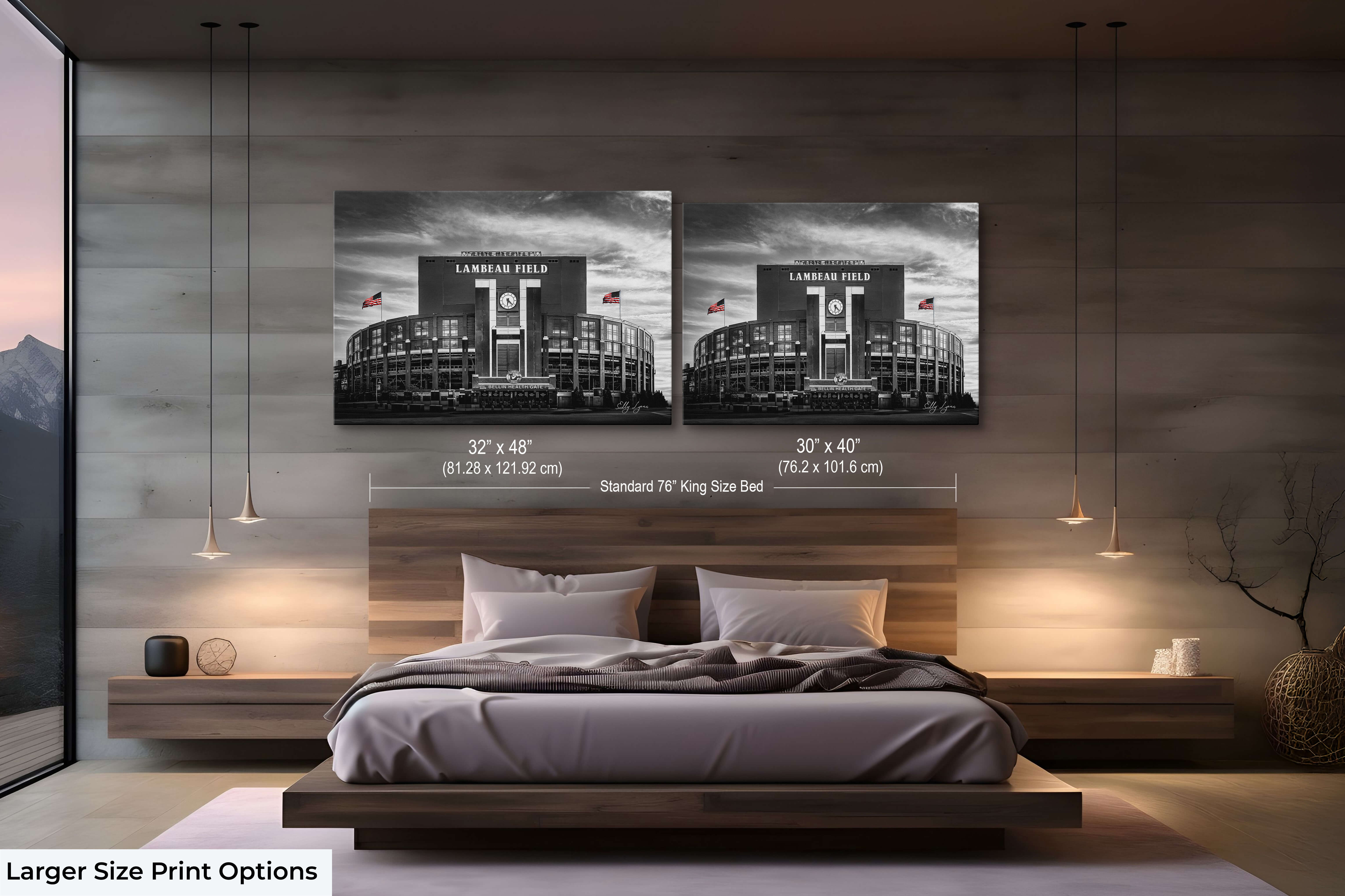 Large Size Prints in Luxury Bedroom – 20x30 and 24x36 large Lambeau Field prints in a refined bedroom space, ideal for elegant statement display above a bed.