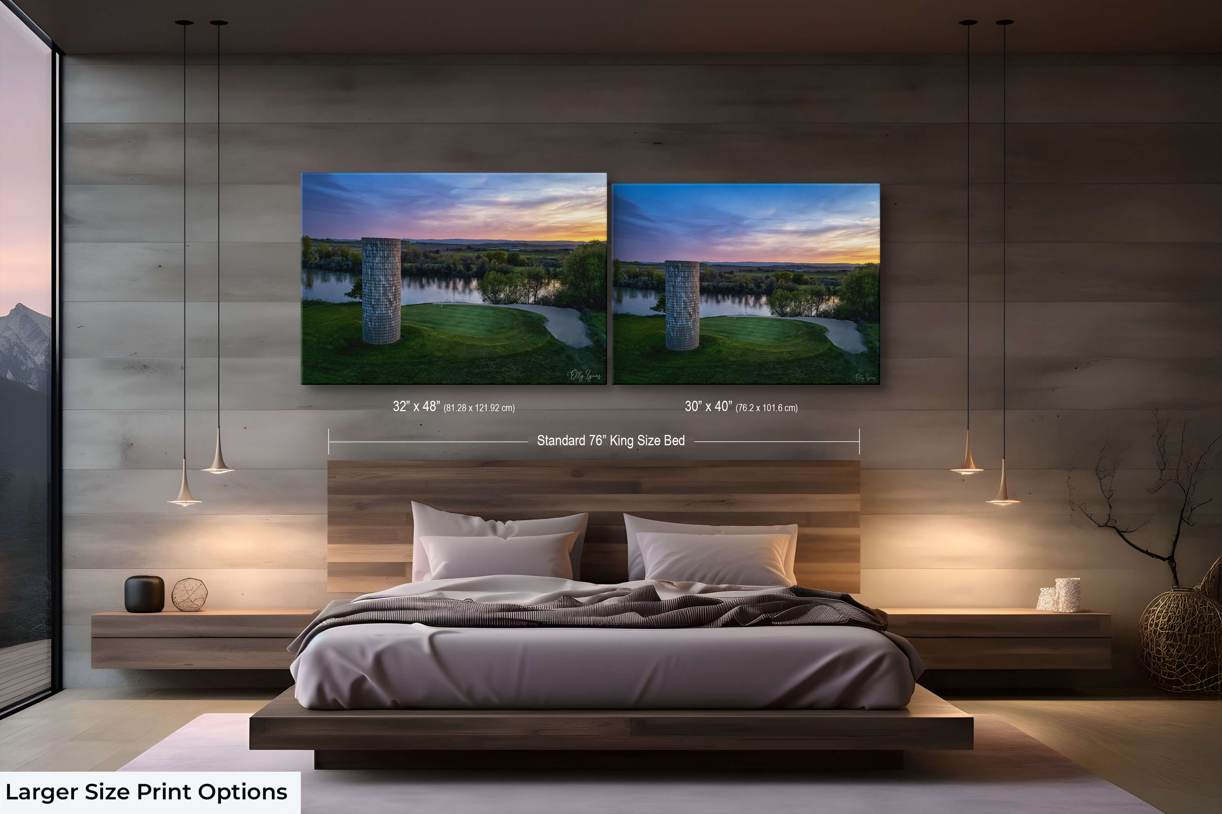 Large golf landscape wall art (30x40 and 32x48) above a luxury king bed for customers considering bold focal points in refined interiors.