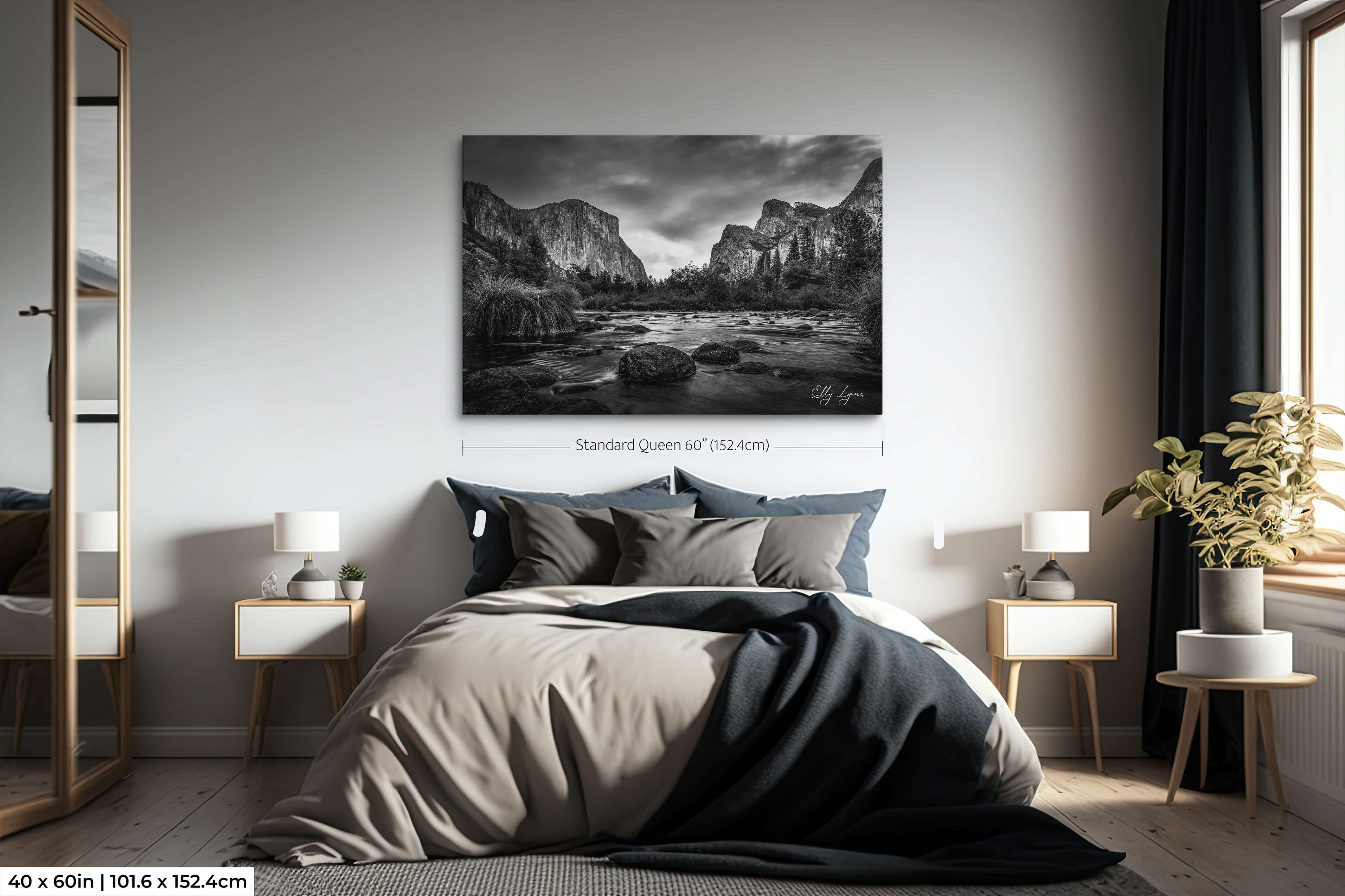 “The Stillness Between Giants” - Yosemite Valley Black and White Wall Decor | El Capitan & Cathedral Rocks River View Fine Art Print