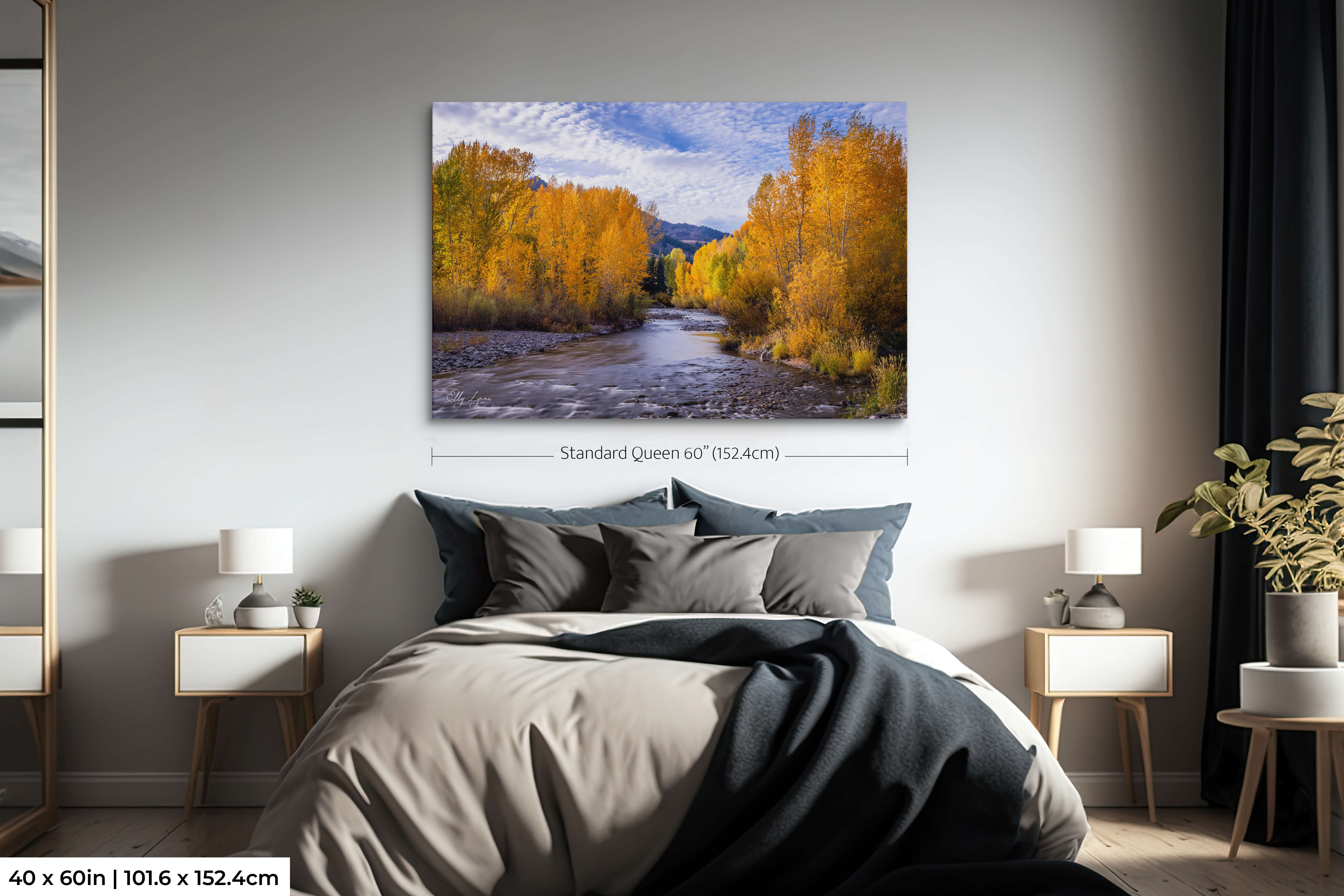 Extra large autumn river wall art displayed above a bed for a dramatic, calming focal point.