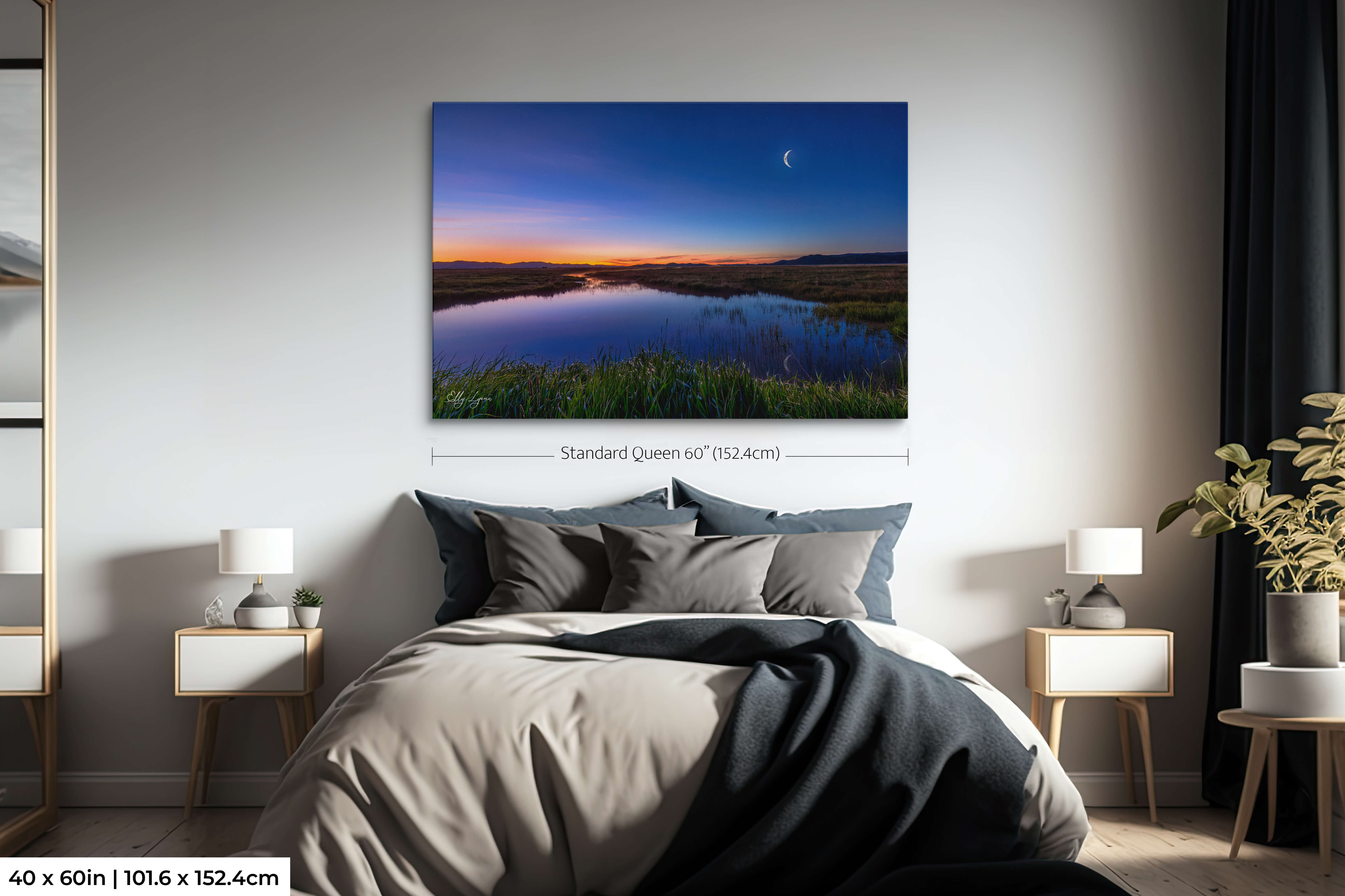 Oversized moonrise marsh wall art for restful, reflective bedroom décor.