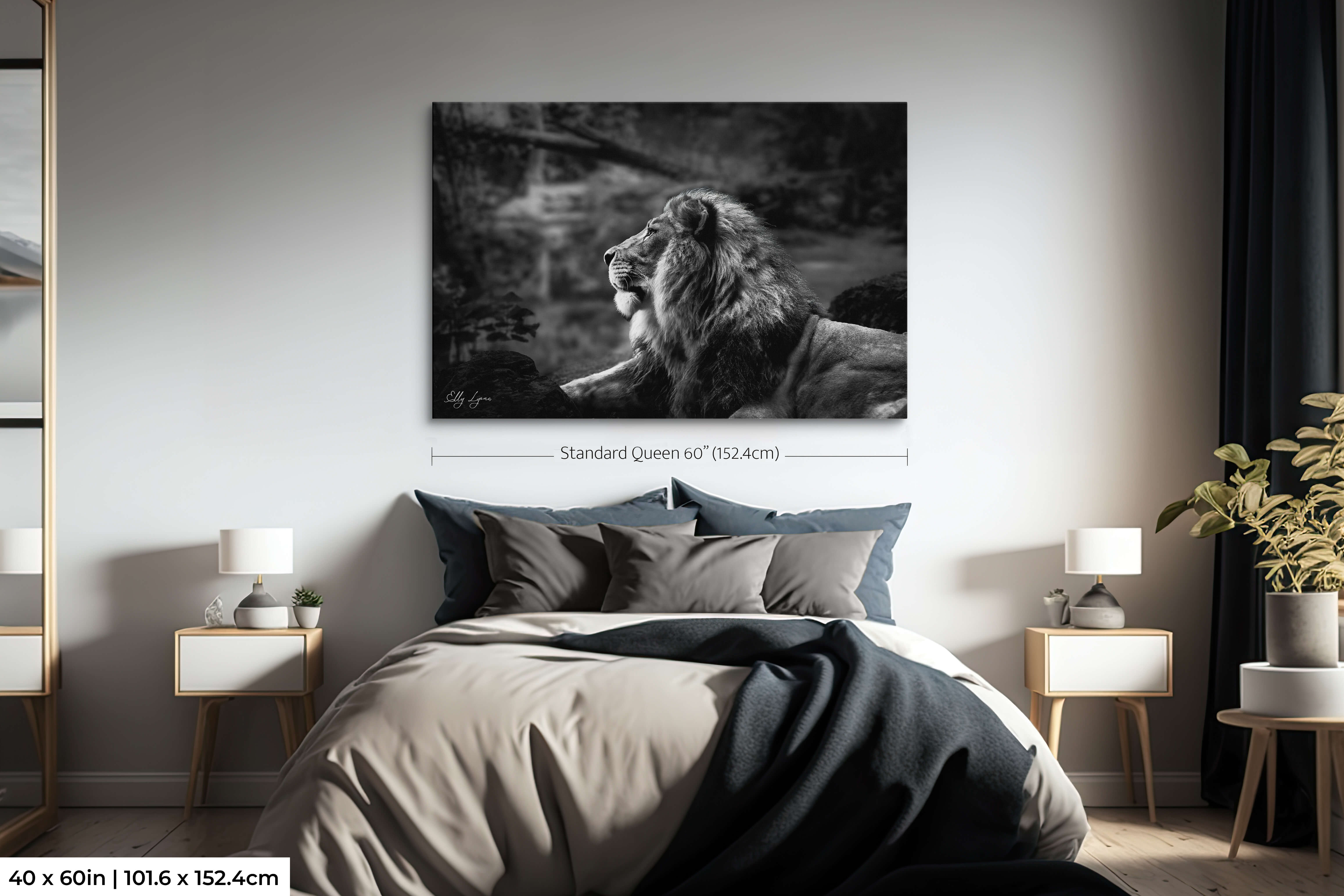 “The Watchman” shown as a 40x60-inch single-panel print above a queen bed—ideal for larger bedroom walls.