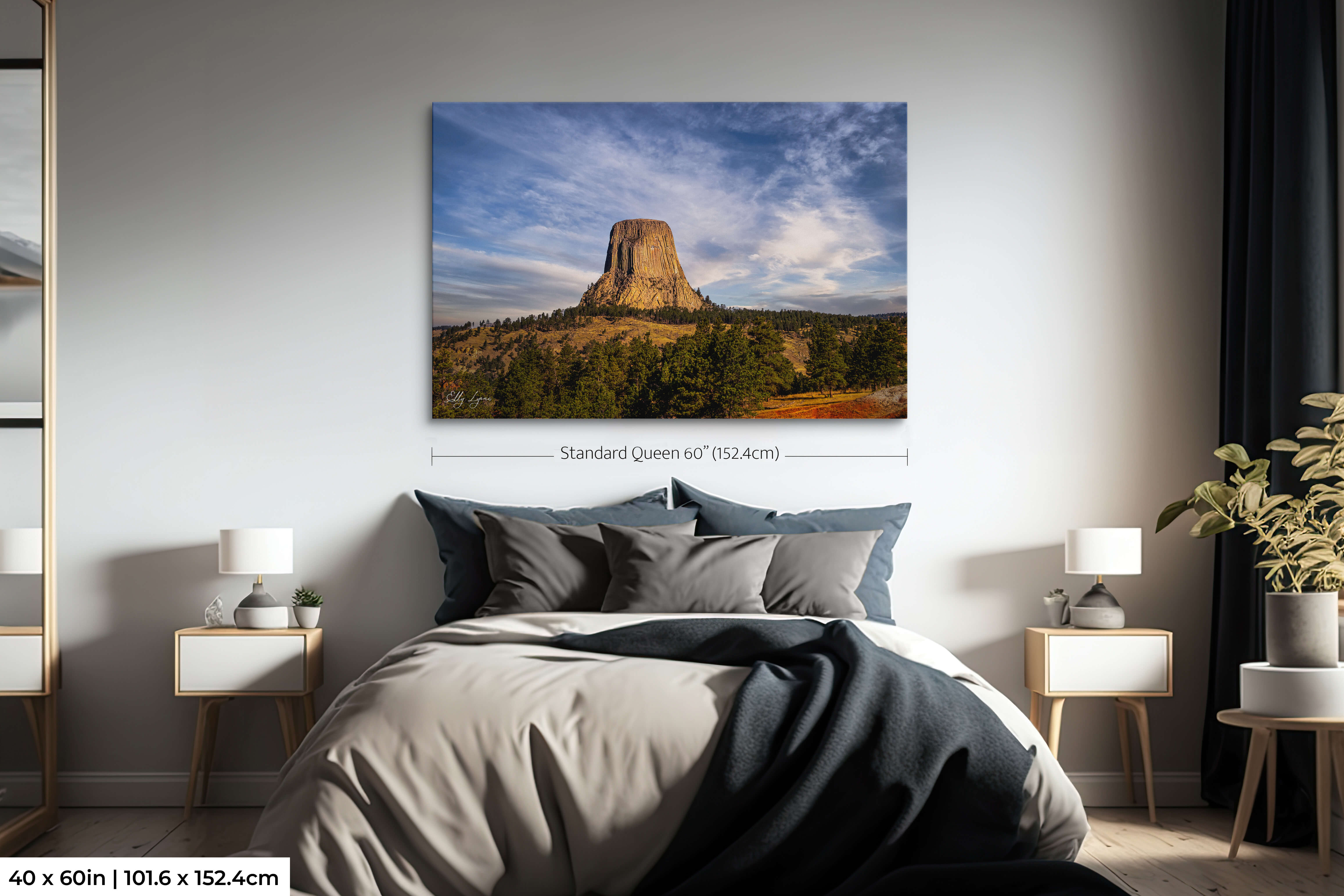 Oversized 40x60 single panel Devil’s Tower fine art print showcased above a queen bed in a modern bedroom setting.