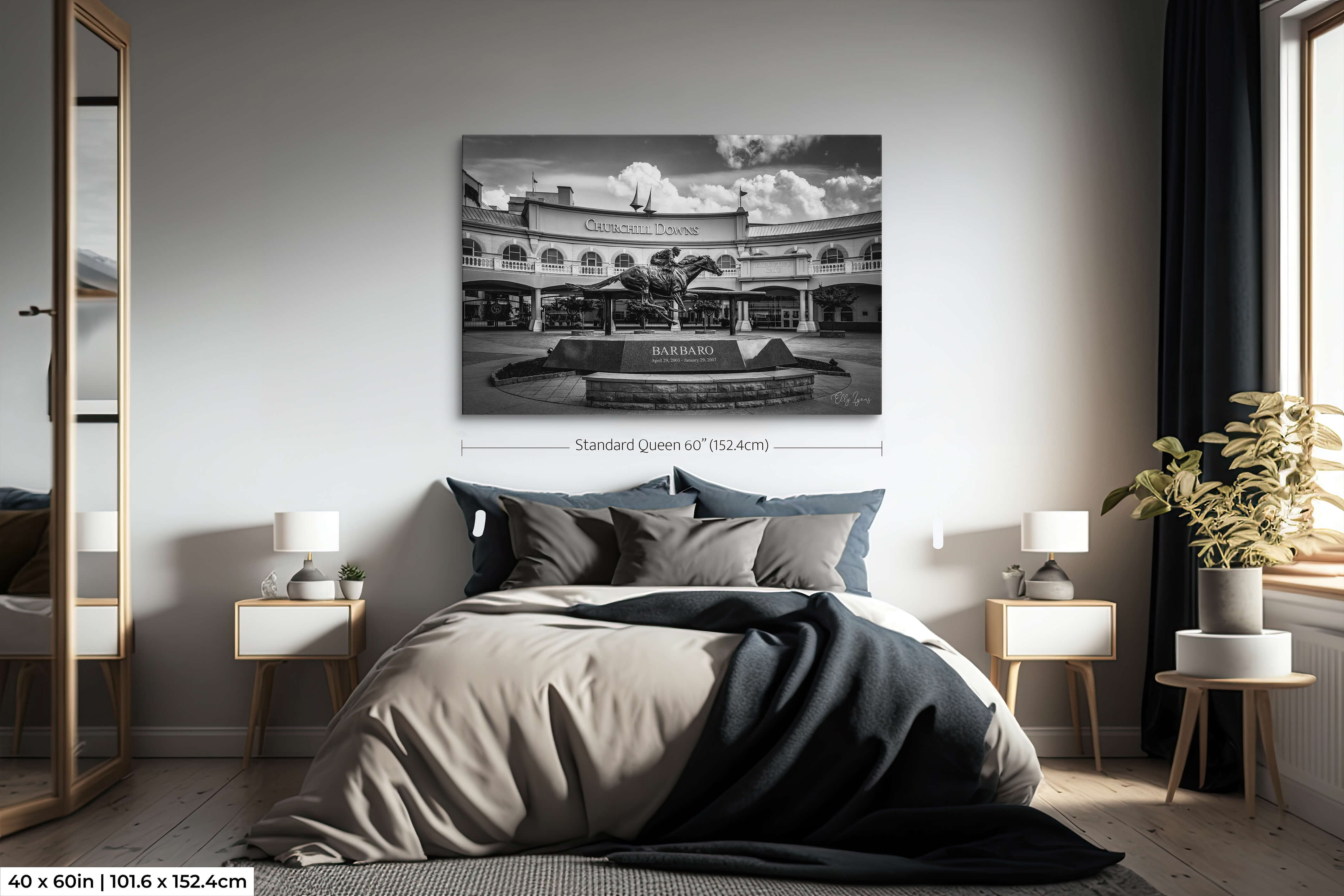 40x60 Single Panel in Queen Bedroom – Oversized 40x60 single panel of Churchill Downs with Barbaro statue above a queen bed for bold centerpiece effect.