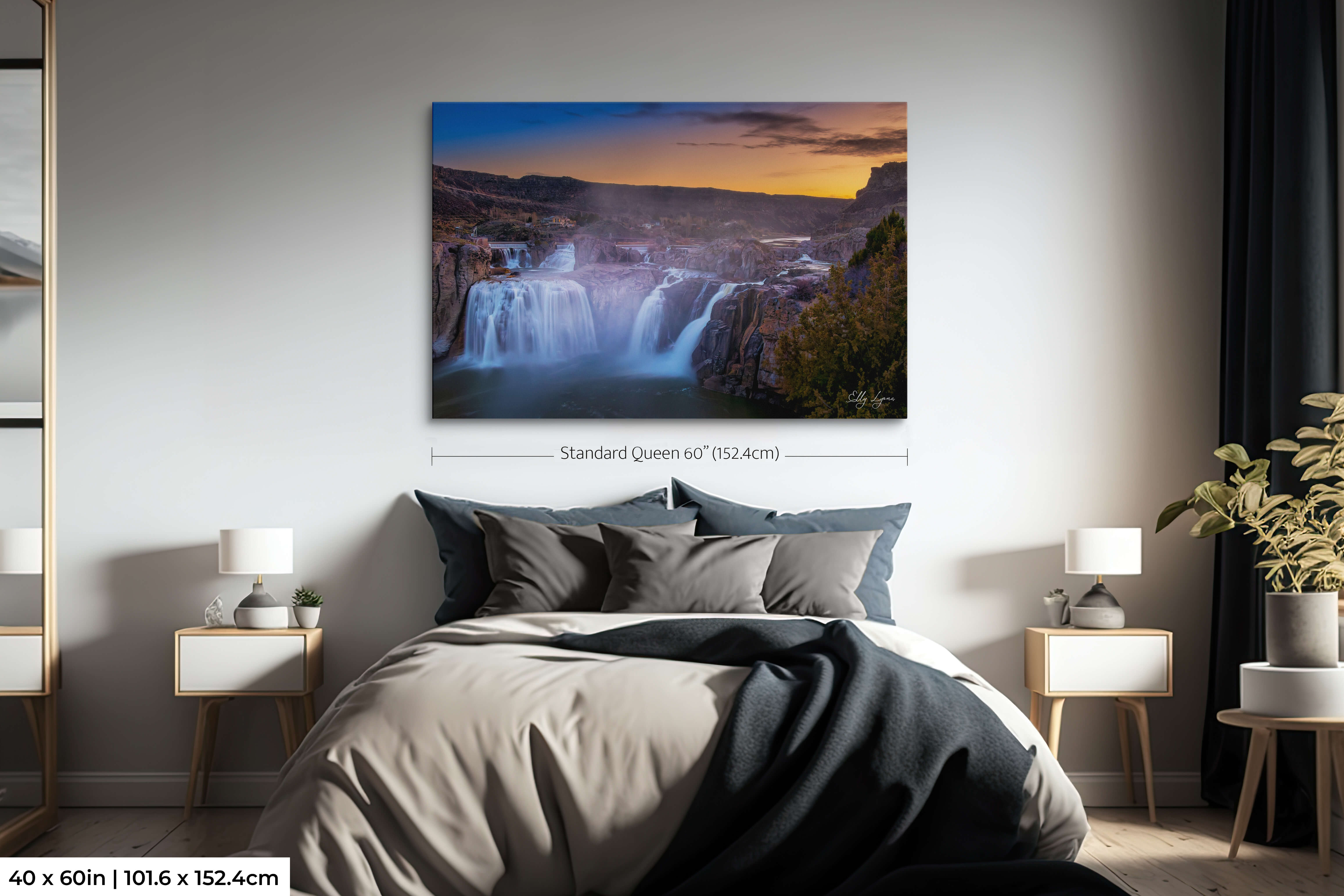 One-panel 40x60 Shoshone Falls print above a queen-sized bed to showcase proportion and dramatic effect.