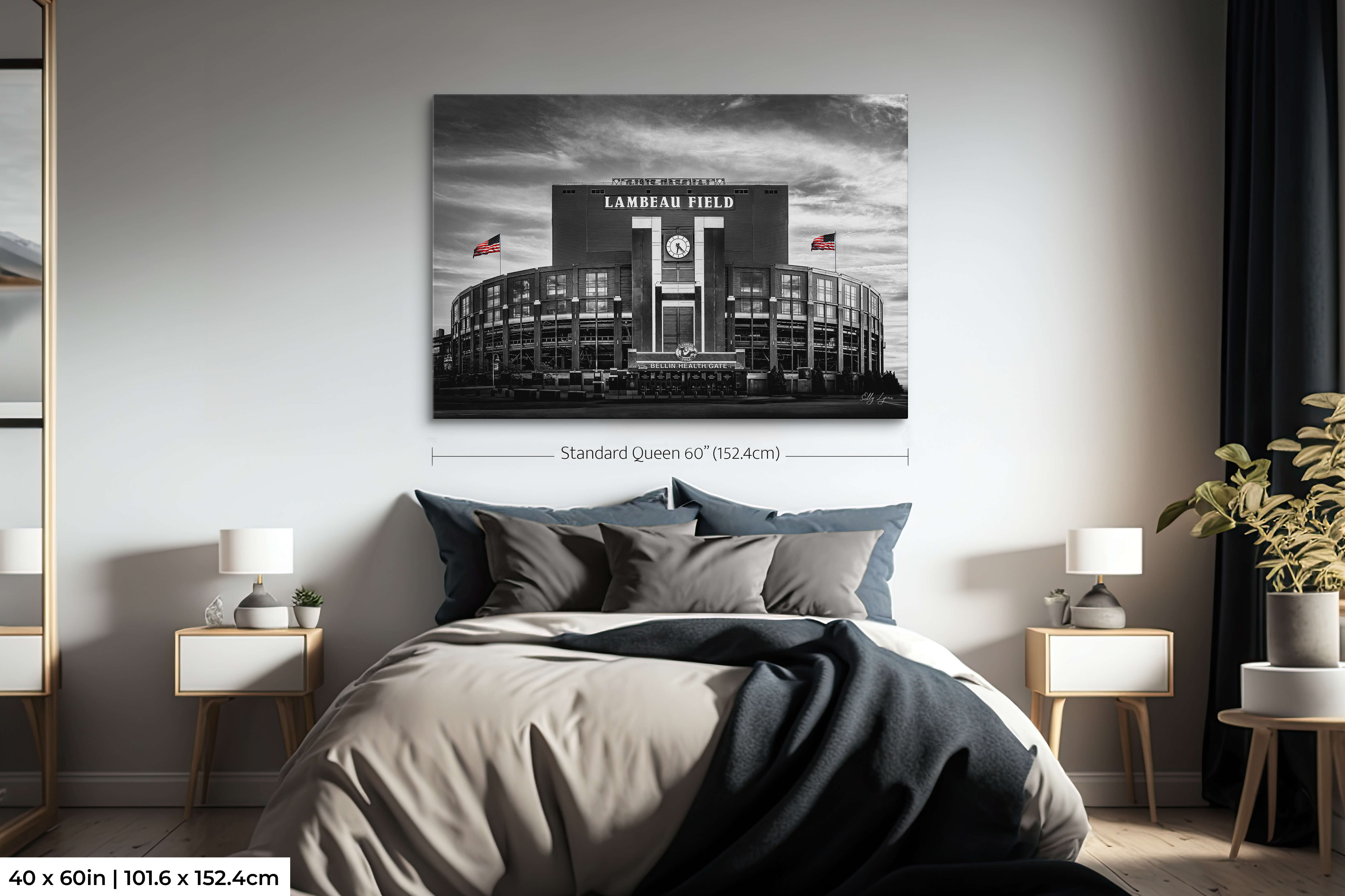40x60 Single Panel in Queen Bedroom – Oversized single-panel print of Lambeau Field above a queen bed, offering a bold focal point in a light and airy bedroom.