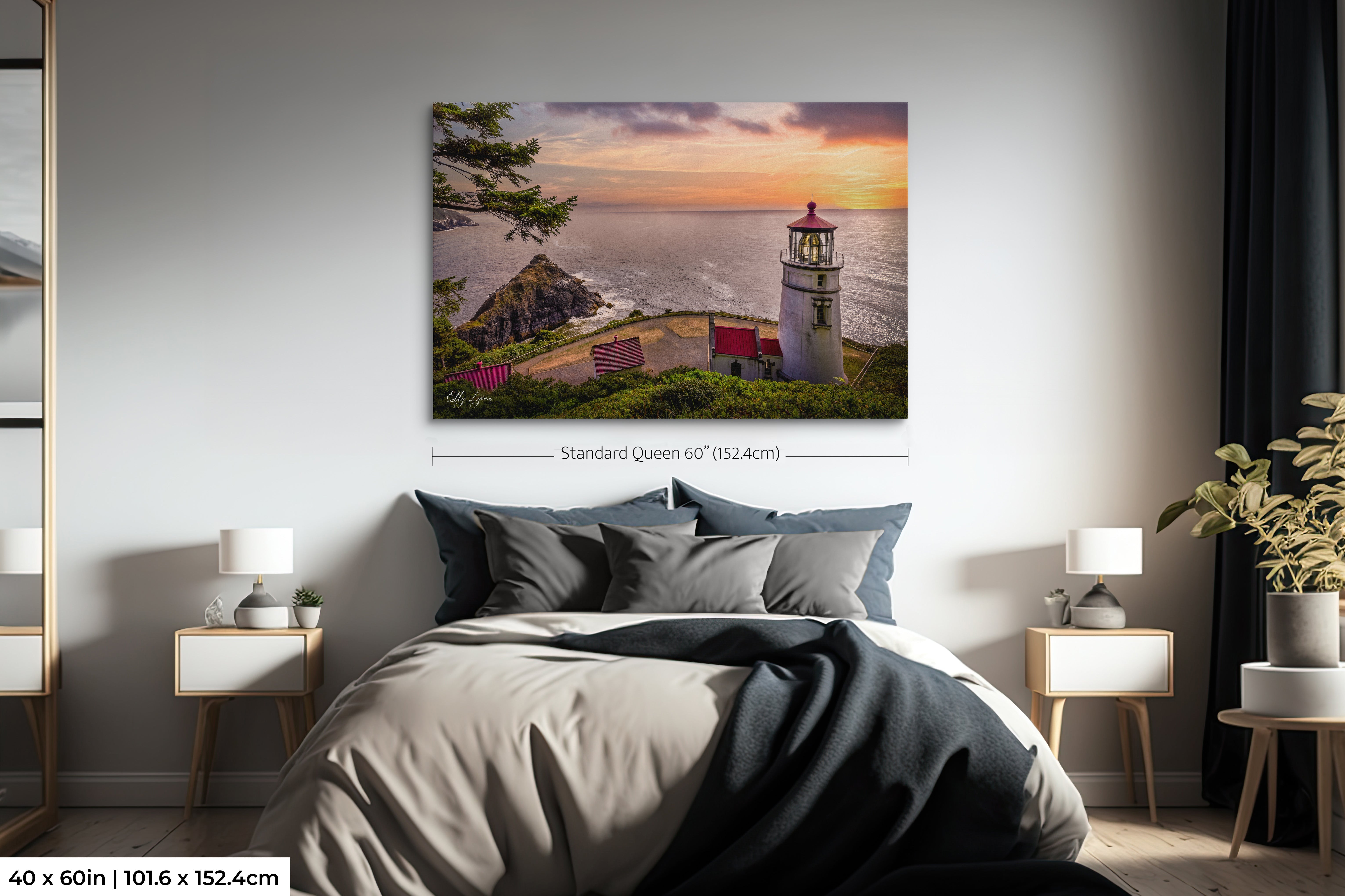 Oversized framed lighthouse wall art as focal point in minimal bedroom.