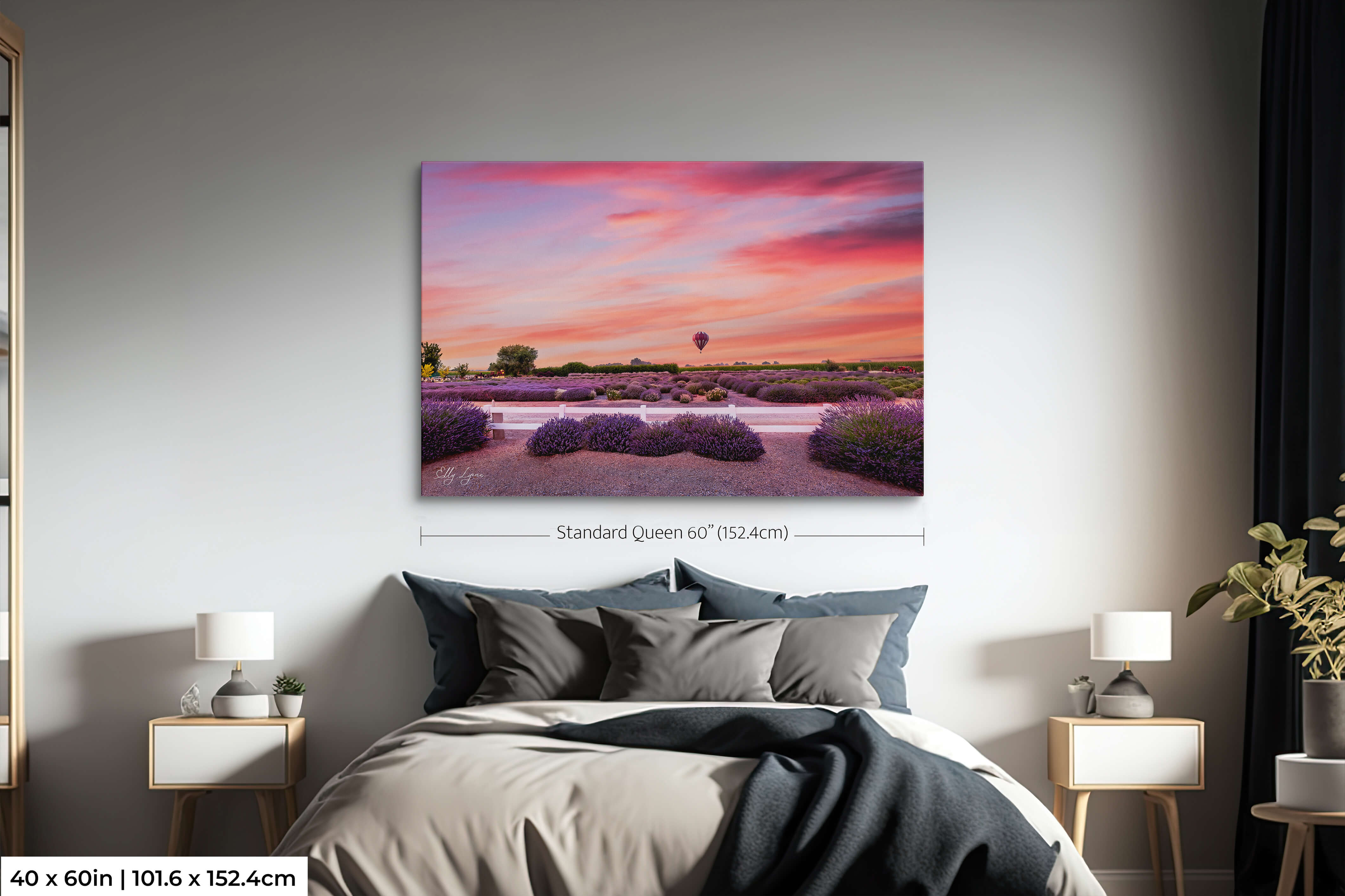 Oversized art of blooming lavender fields and colorful twilight sky.