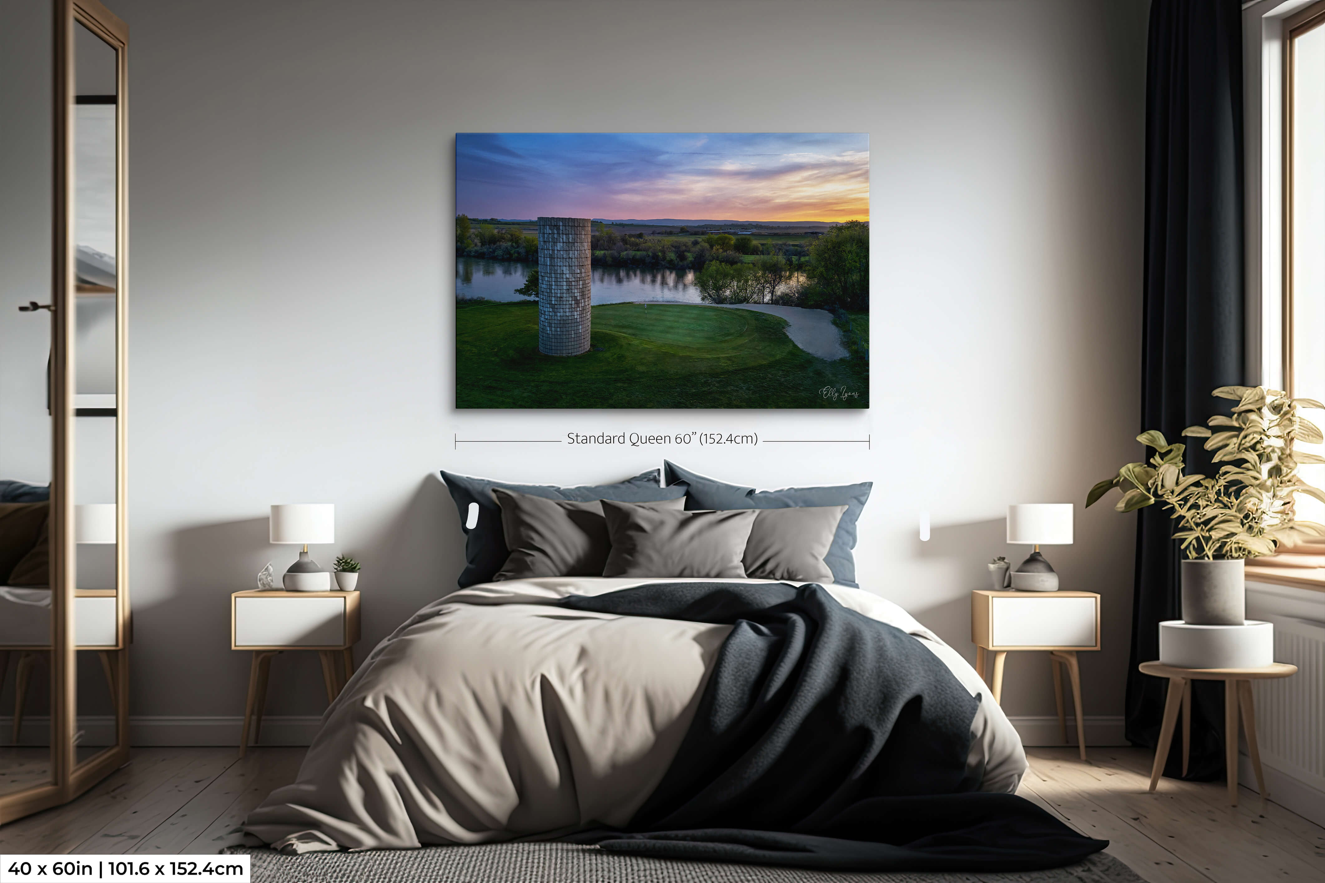 Extra large single panel 40x60 golf course sunset print centered above a queen-size bed for realistic sizing in home environments.