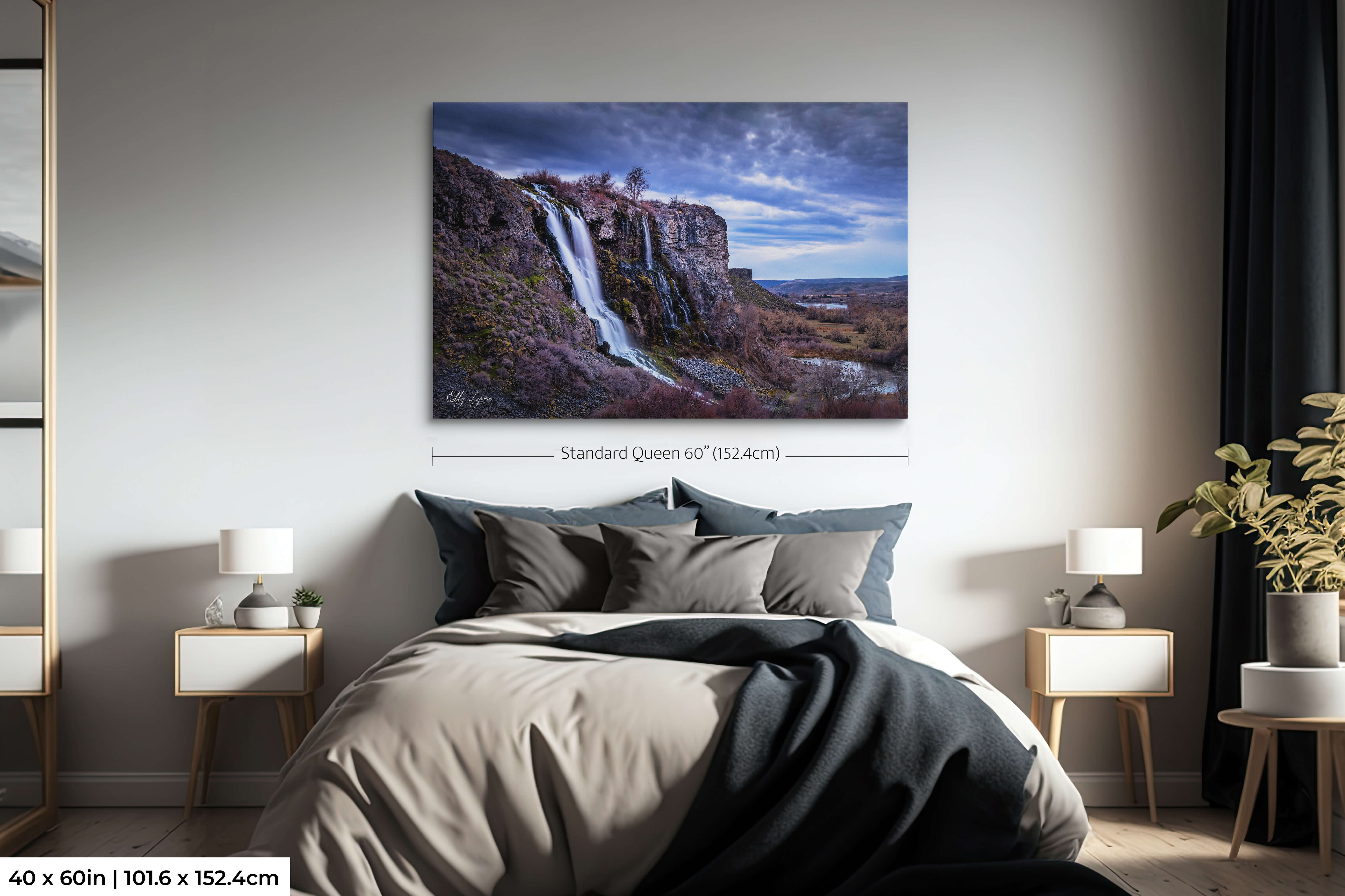 40x60 one-panel Ritter Island waterfall art above a queen-size bed to illustrate sizing in a modest room.