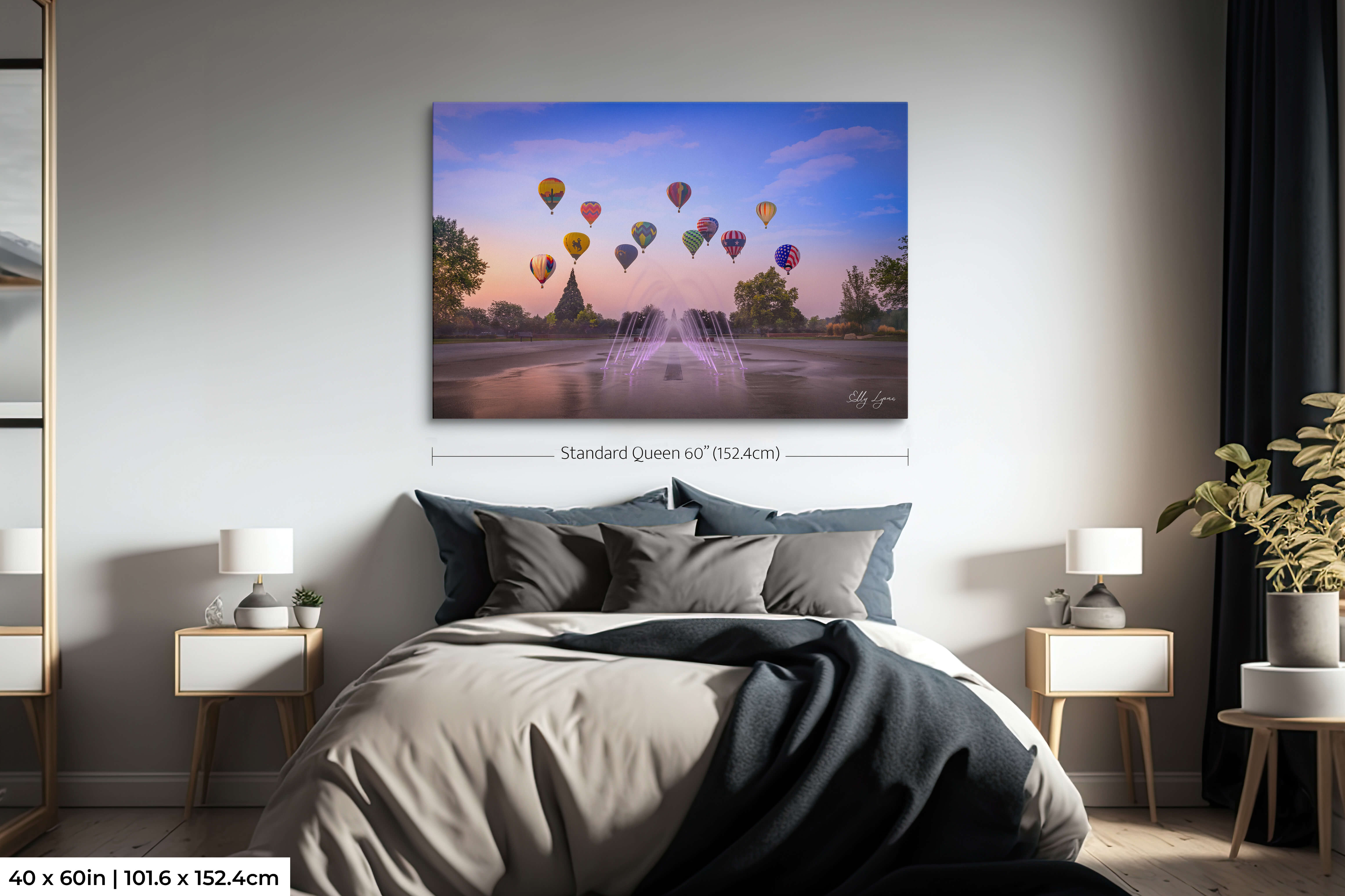 Oversized joyful landscape of hot air balloons and morning fountains.