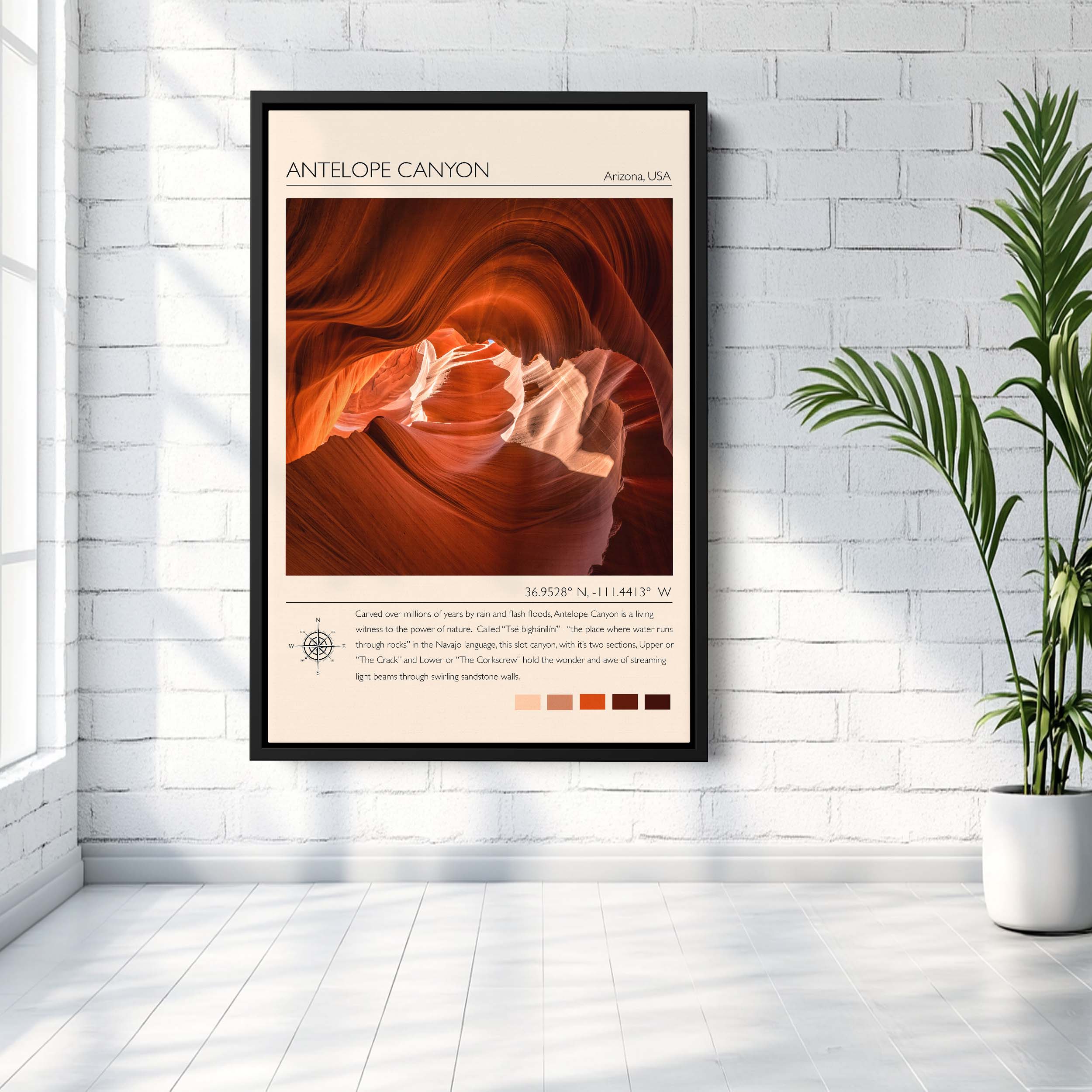 Antelope Canyon Arizona travel poster, slot canyon red sandstone, Navajo light beams, southwest wall art print, neutral room