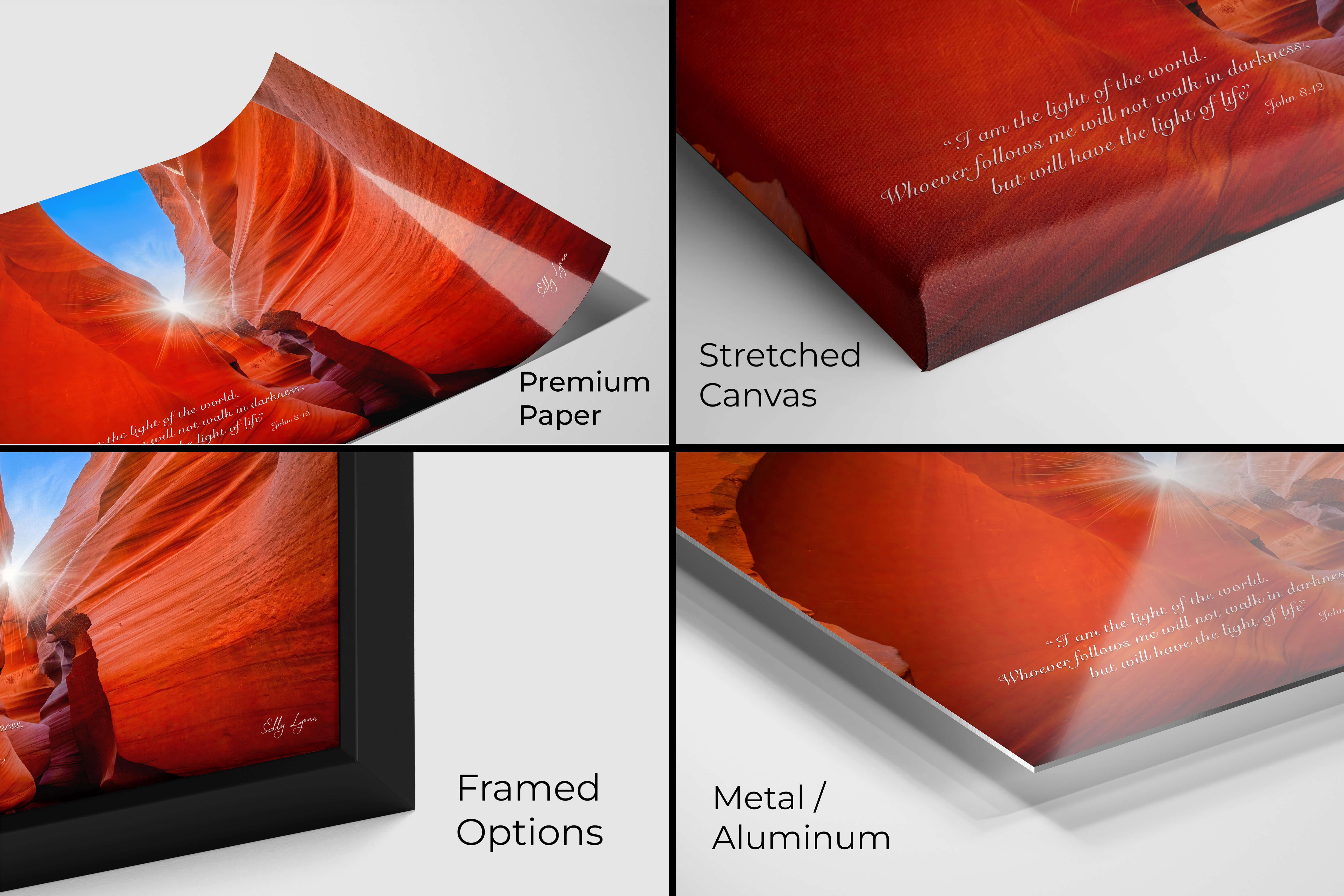 Antelope Canyon with sunburst print displayed on premium paper, canvas, framed, and metal options.
