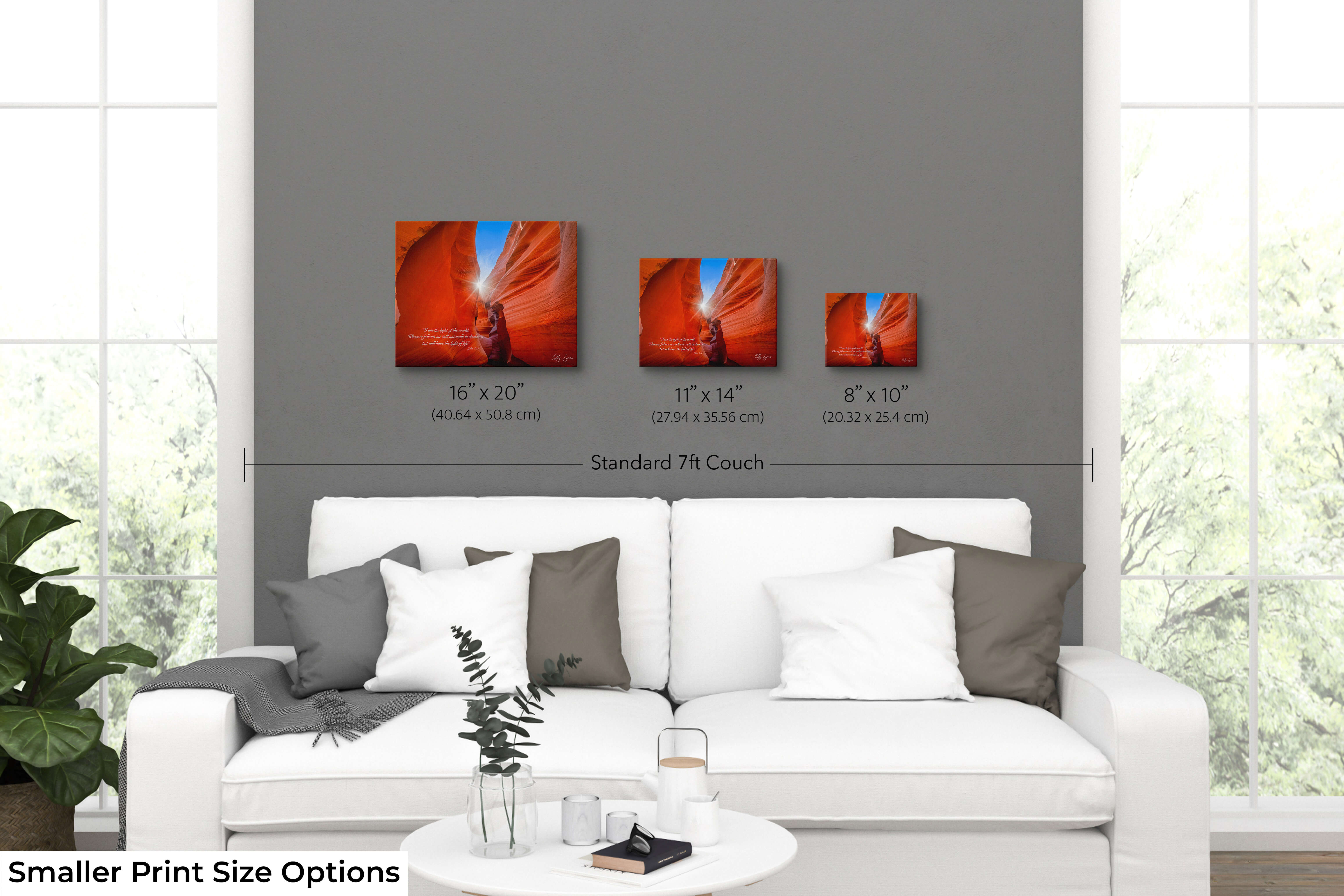 Antelope Canyon with sunburst print displayed in 3 different print sizes of 8 by 10, 11 by 14 and 16 x 20 inches, in casual living room space showcasing size comparison and scale.
