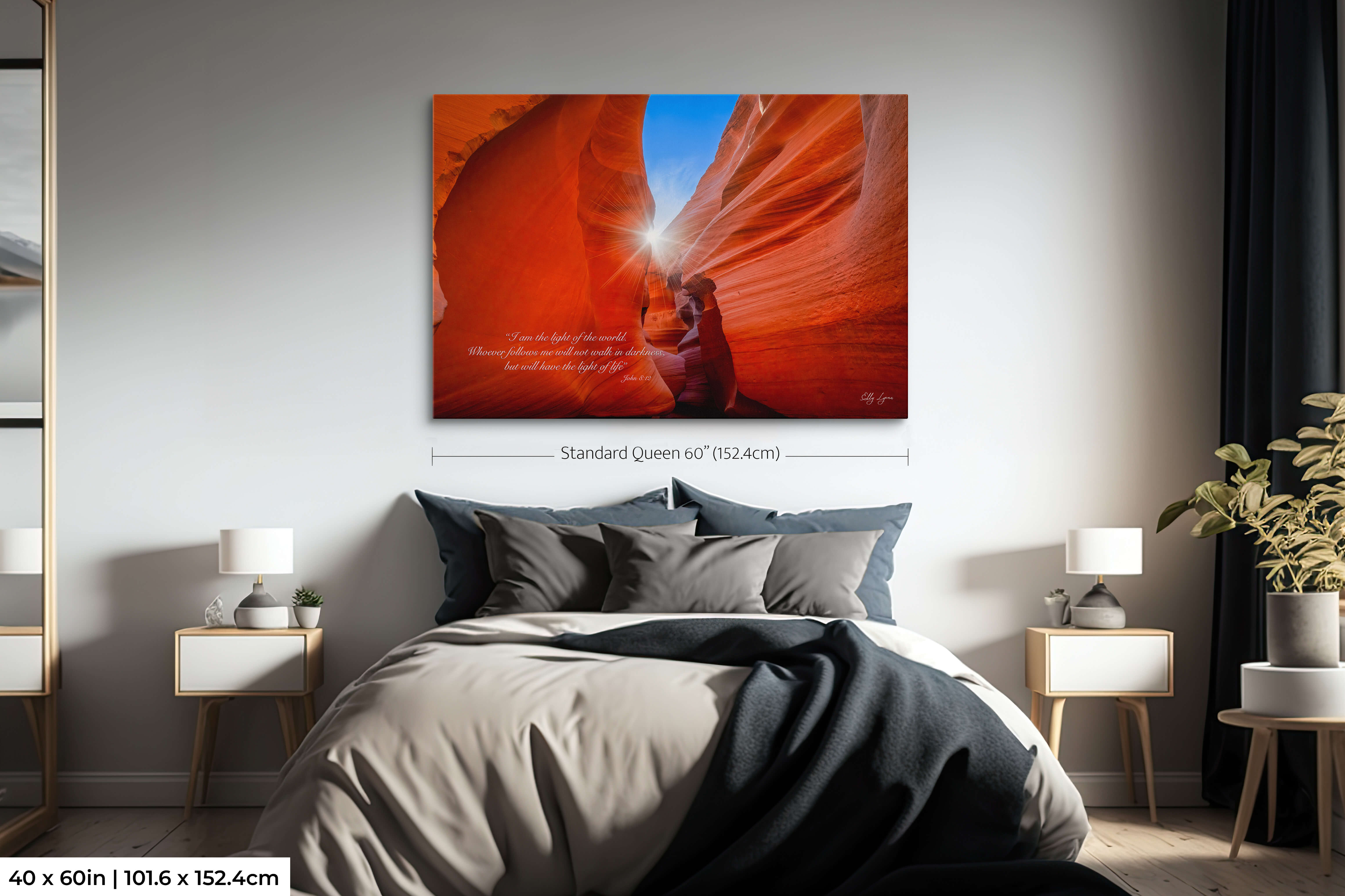 Antelope Canyon with sunburst print extra large size of 40 by 60 inches styled over a queen sized bed in a cozy bedroom setting showcasing dramatic scale.