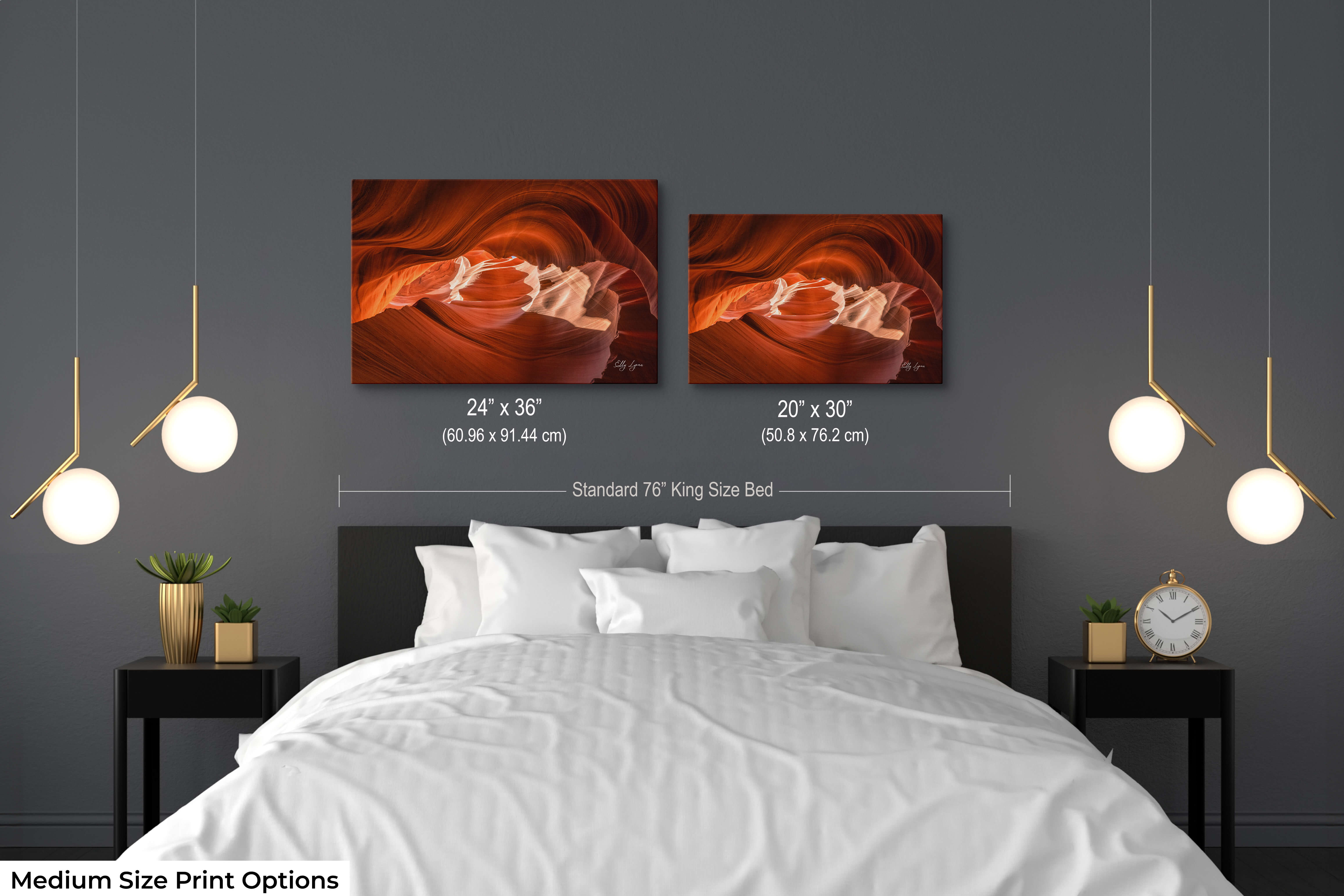 Antelope Canyon wall art in a modern bedroom with 20x30 and 24x36 size options for comparison above bed for scale.