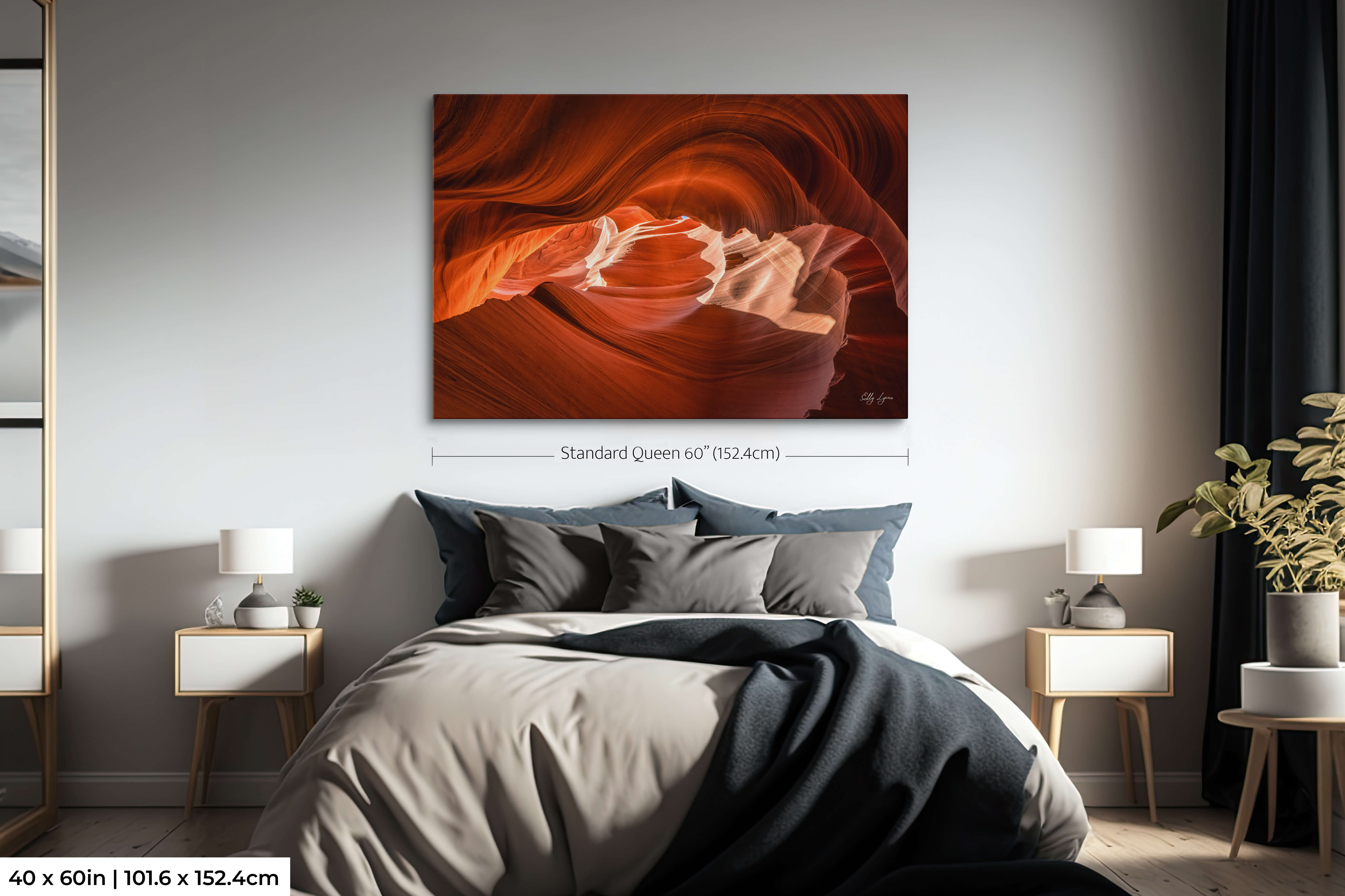 Antelope Canyon wall art in 40x60 size above queen bed in cozy bedroom, showing scale.