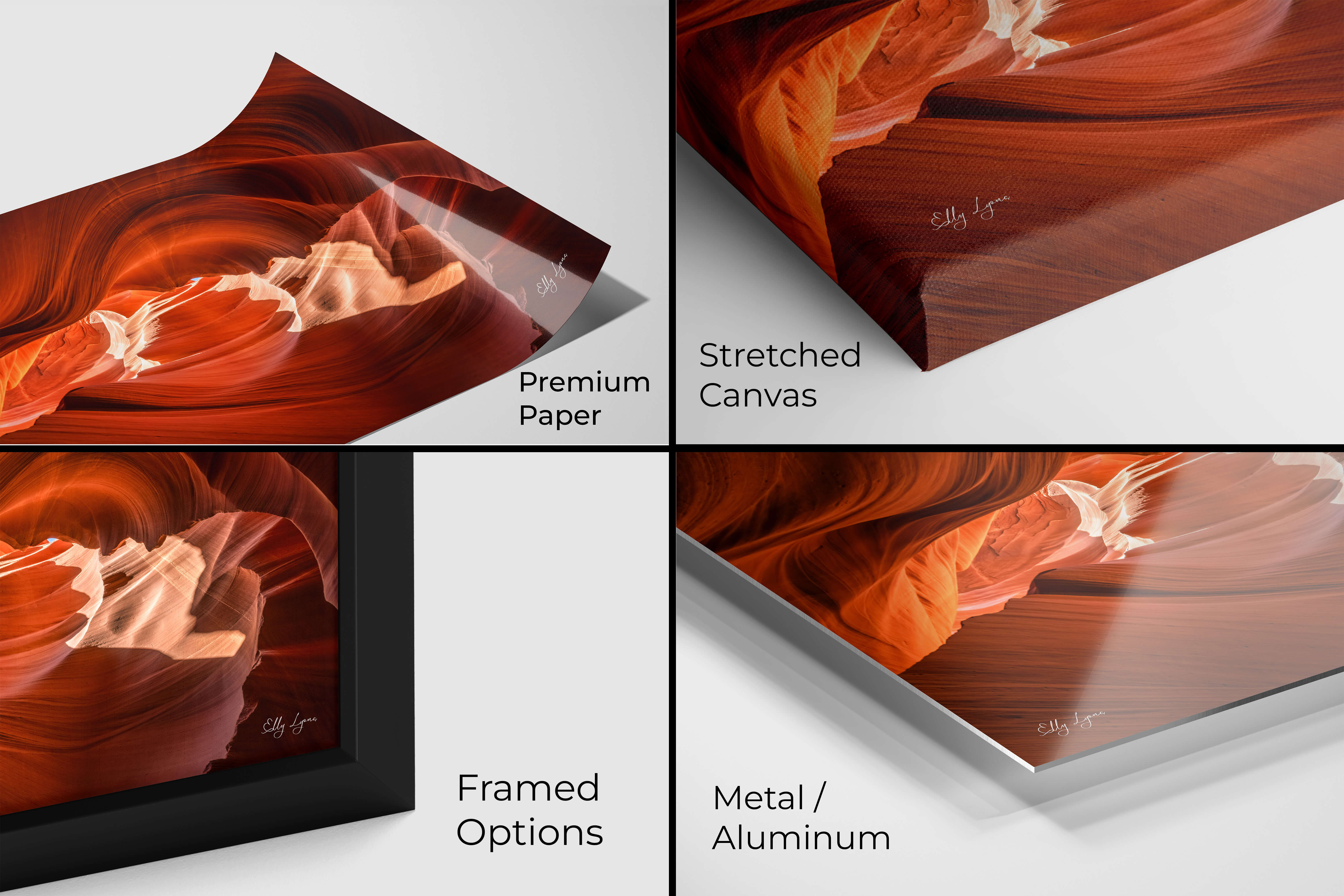 Antelope Caynon print close-up wall art of material options: photo paper, canvas wrap, framed print, and metal panel finish.