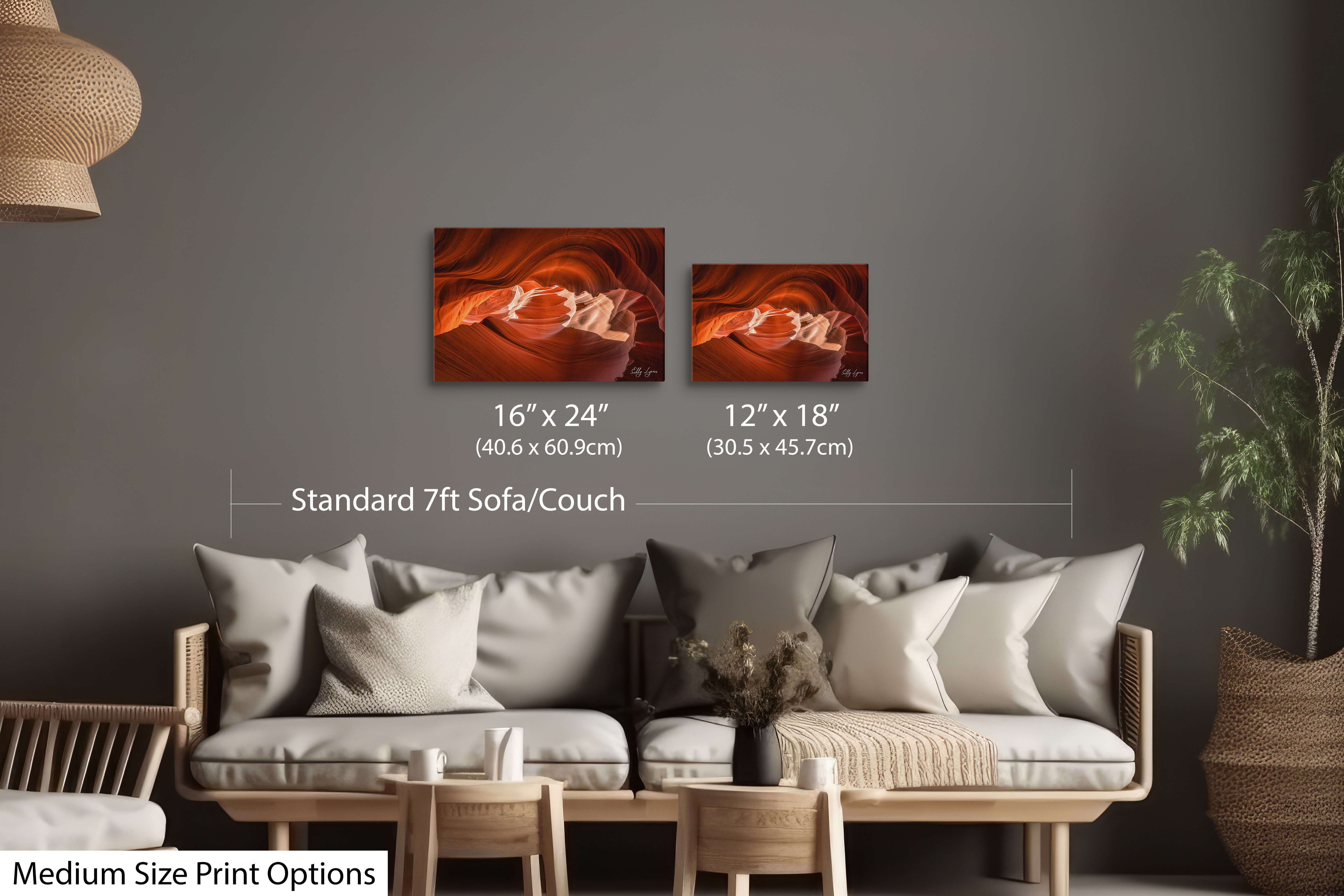 Antelope Canyon wall art in living room showing 12x18 and 16x24 print sizes options above modern furniture.