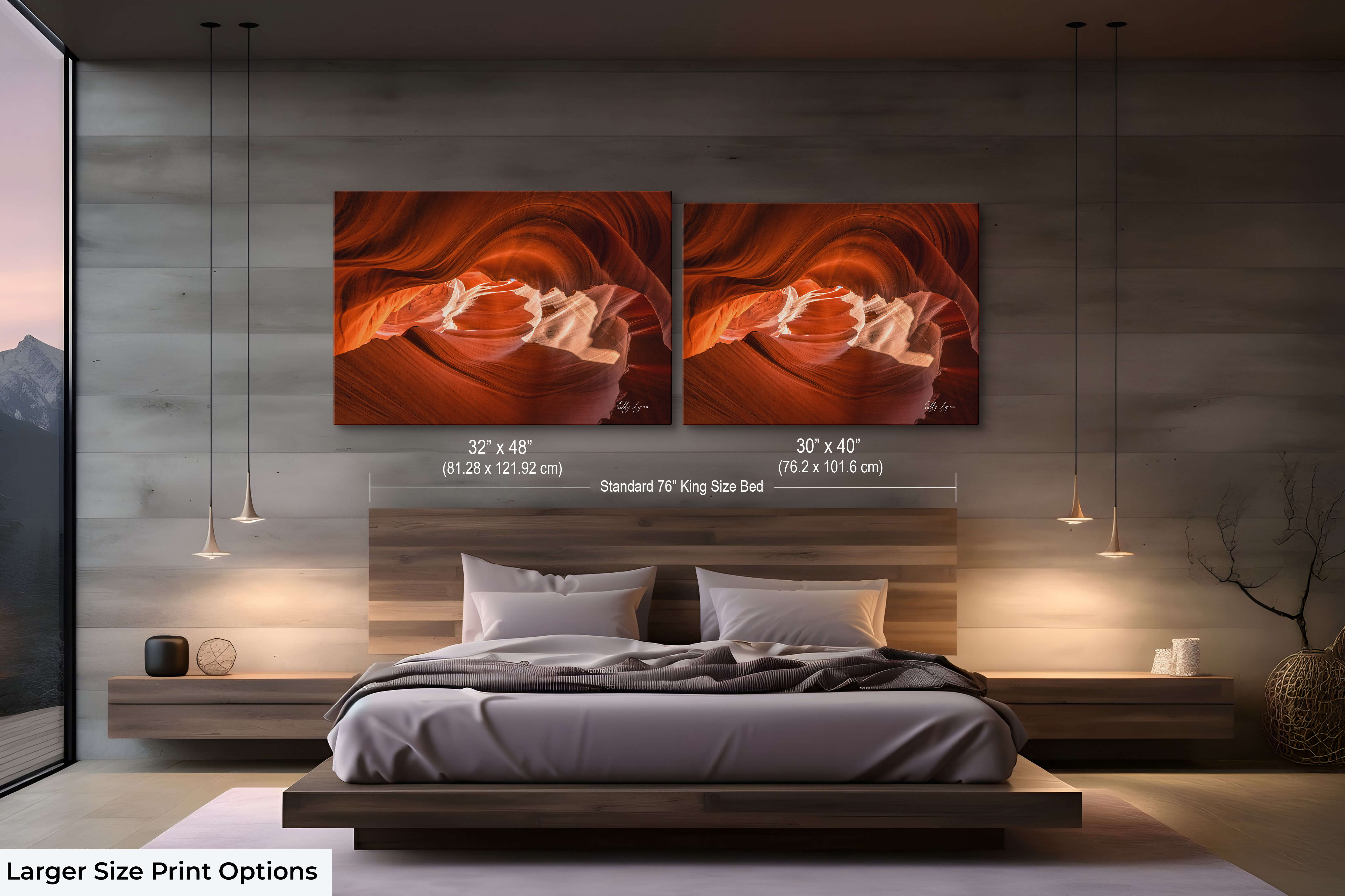 Antelope Canyon large-format wall art above bed in luxury bedroom showing 30x40 and 32x48 size options for comparison and scale.