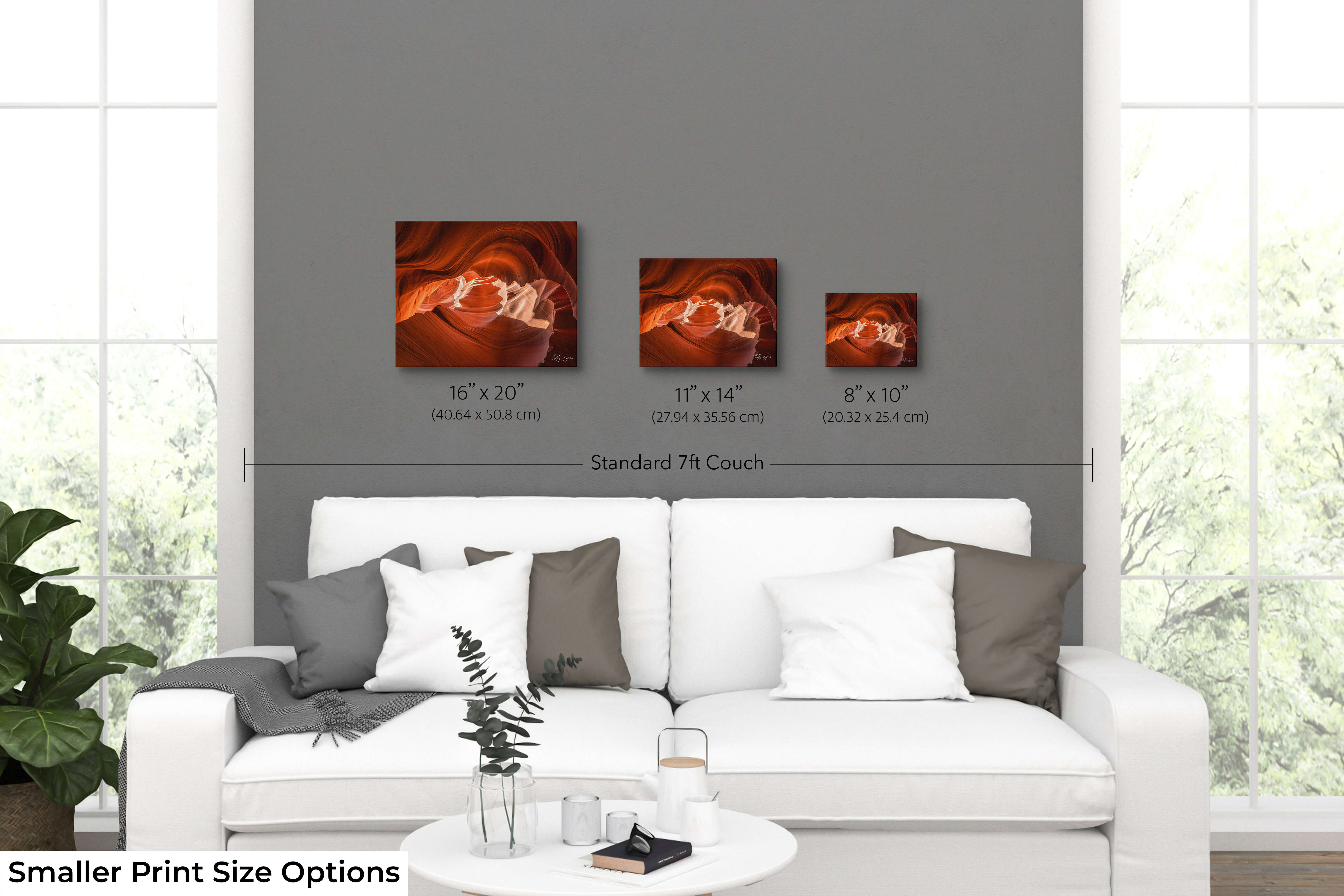 Antelope Canyon print size comparison in living room showing 8x10, 11x14, and 16x20 wall art options.