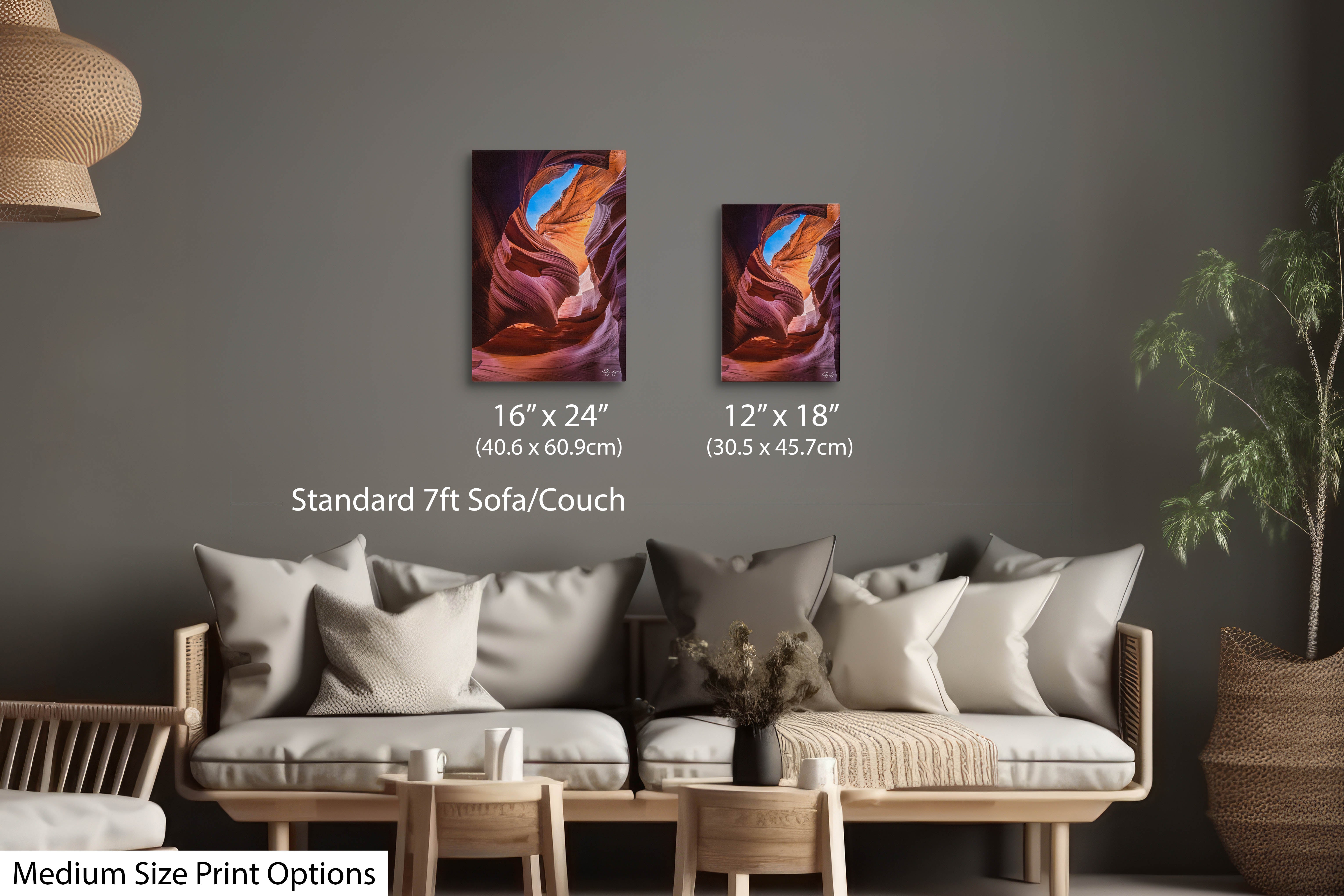 Antelope Canyon Lady In The Wind wall art in living room showing 12x18 and 16x24 print sizes options above modern furniture.