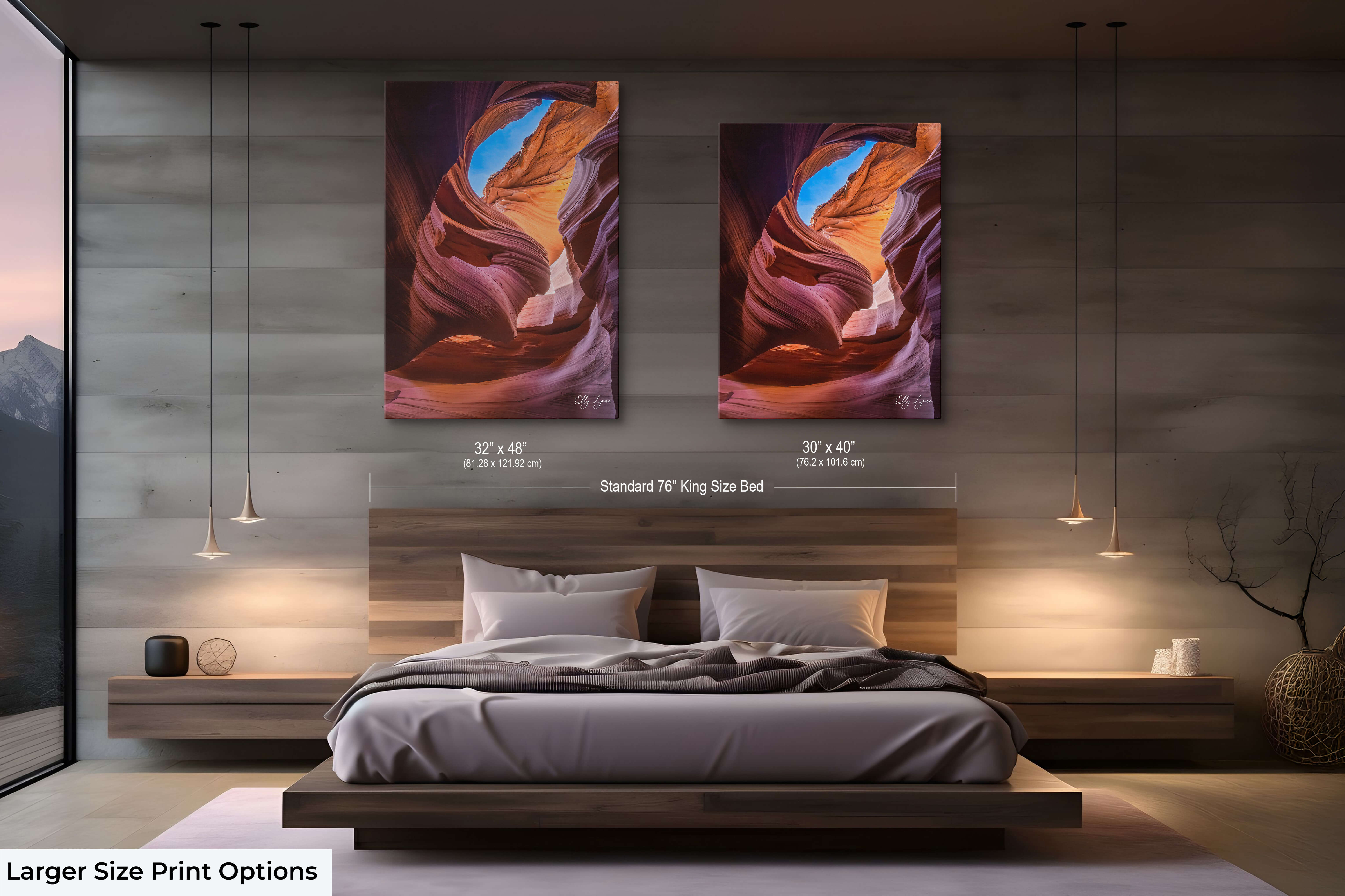 Antelope Canyon Lady In The Wind large-format wall art above bed in luxury bedroom showing 30x40 and 32x48 size options for comparison and scale.
