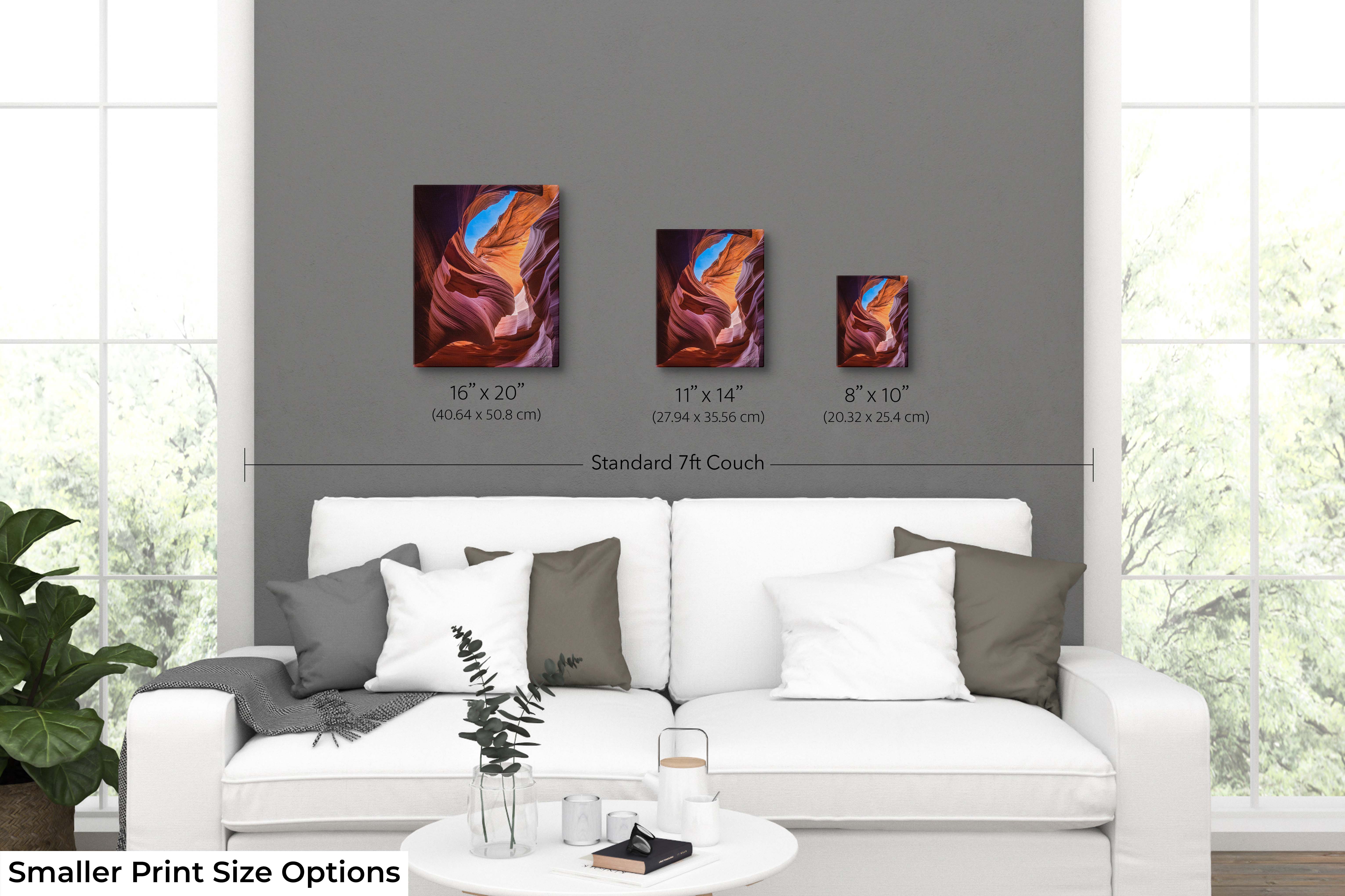 Antelope Canyon Lady In The Wind print size comparison in living room showing 8x10, 11x14, and 16x20 wall art options.