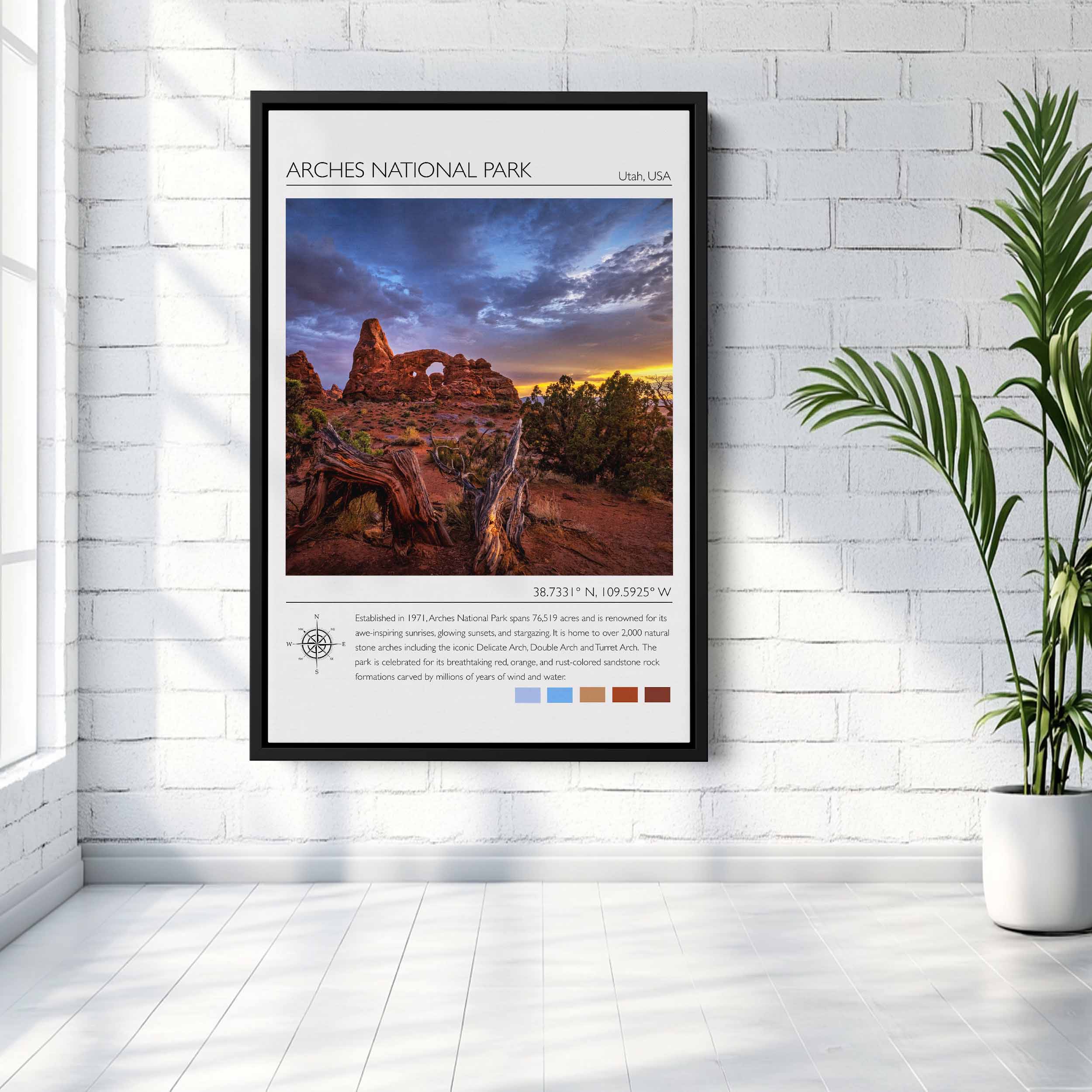 Arches National Park Utah travel poster Turret Arch sunset desert landscape coordinates Moab vintage wall art decor print