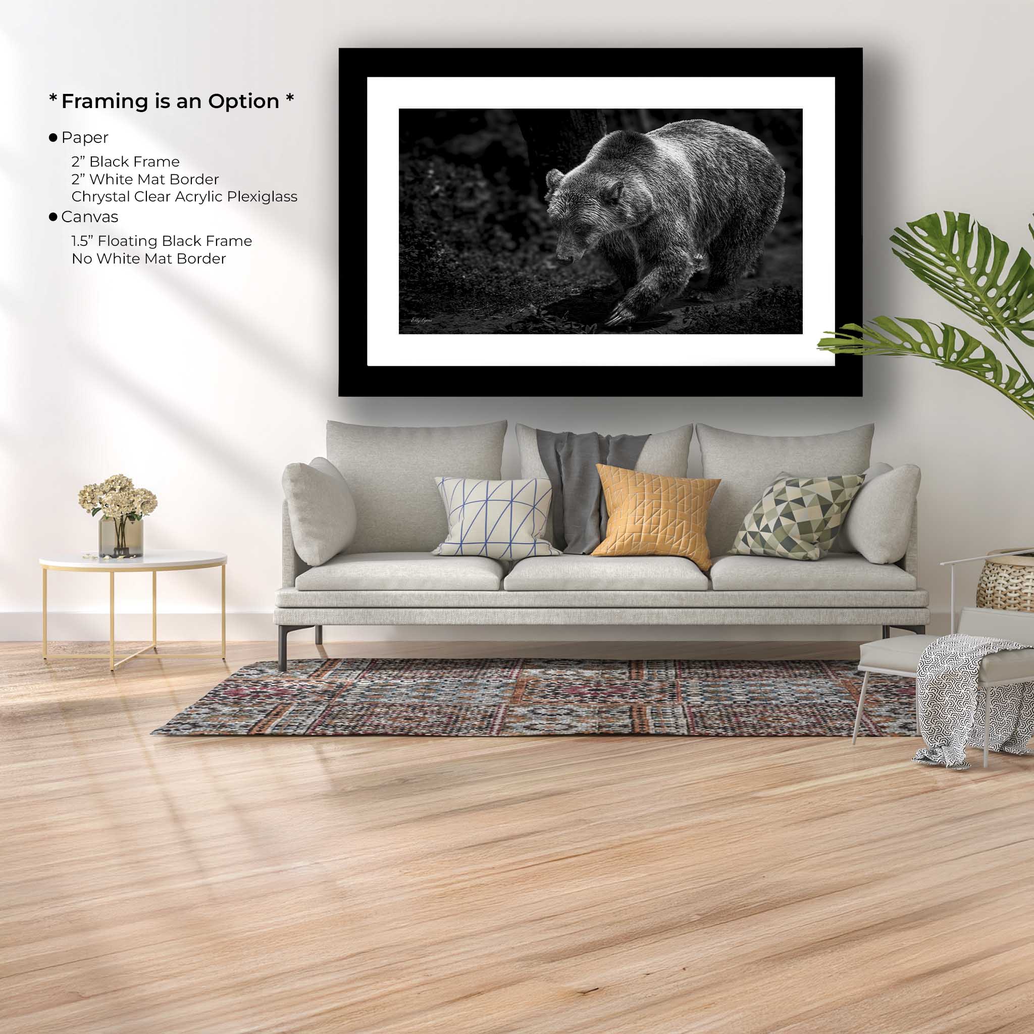 Grizzly Bear Art Print – Majestic Black and White Wildlife Wall Decor for Rustic Home