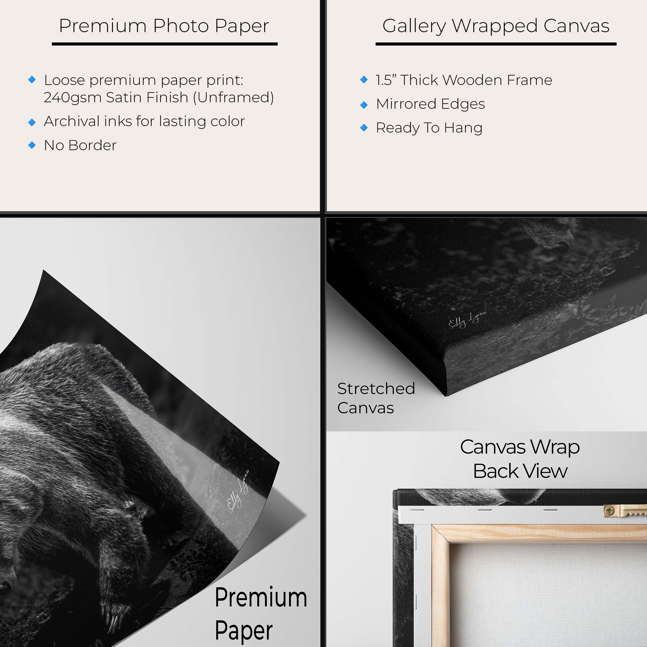 Grizzly Bear Art Print – Majestic Black and White Wildlife Wall Decor for Rustic Home