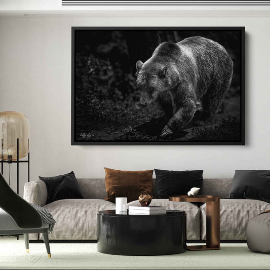 Grizzly Bear Art Print – Majestic Black and White Wildlife Wall Decor for Rustic Home