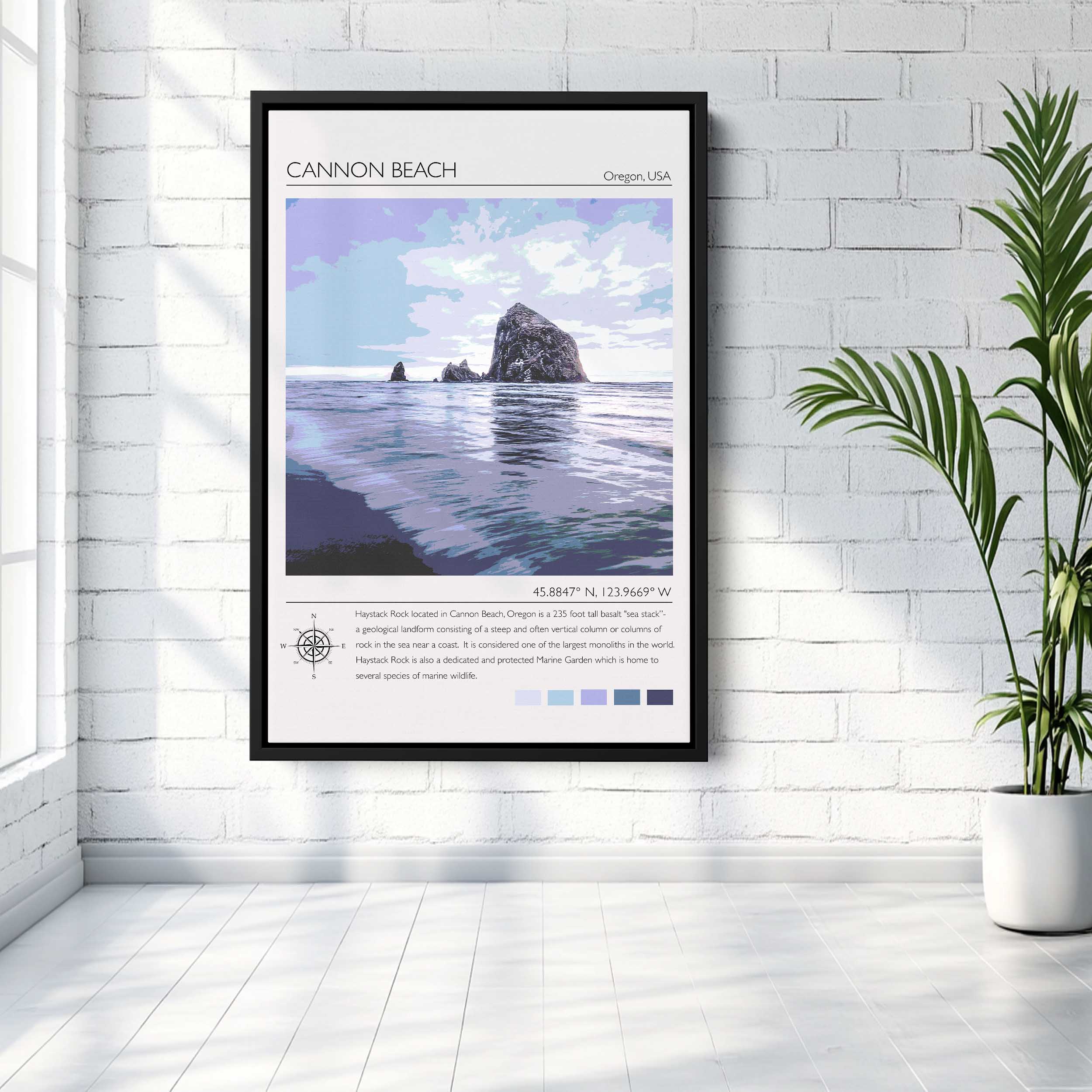 Cannon Beach Oregon travel poster illustrated Haystack Rock sea stack purple blue pastel Pacific Coast vintage modern wall art