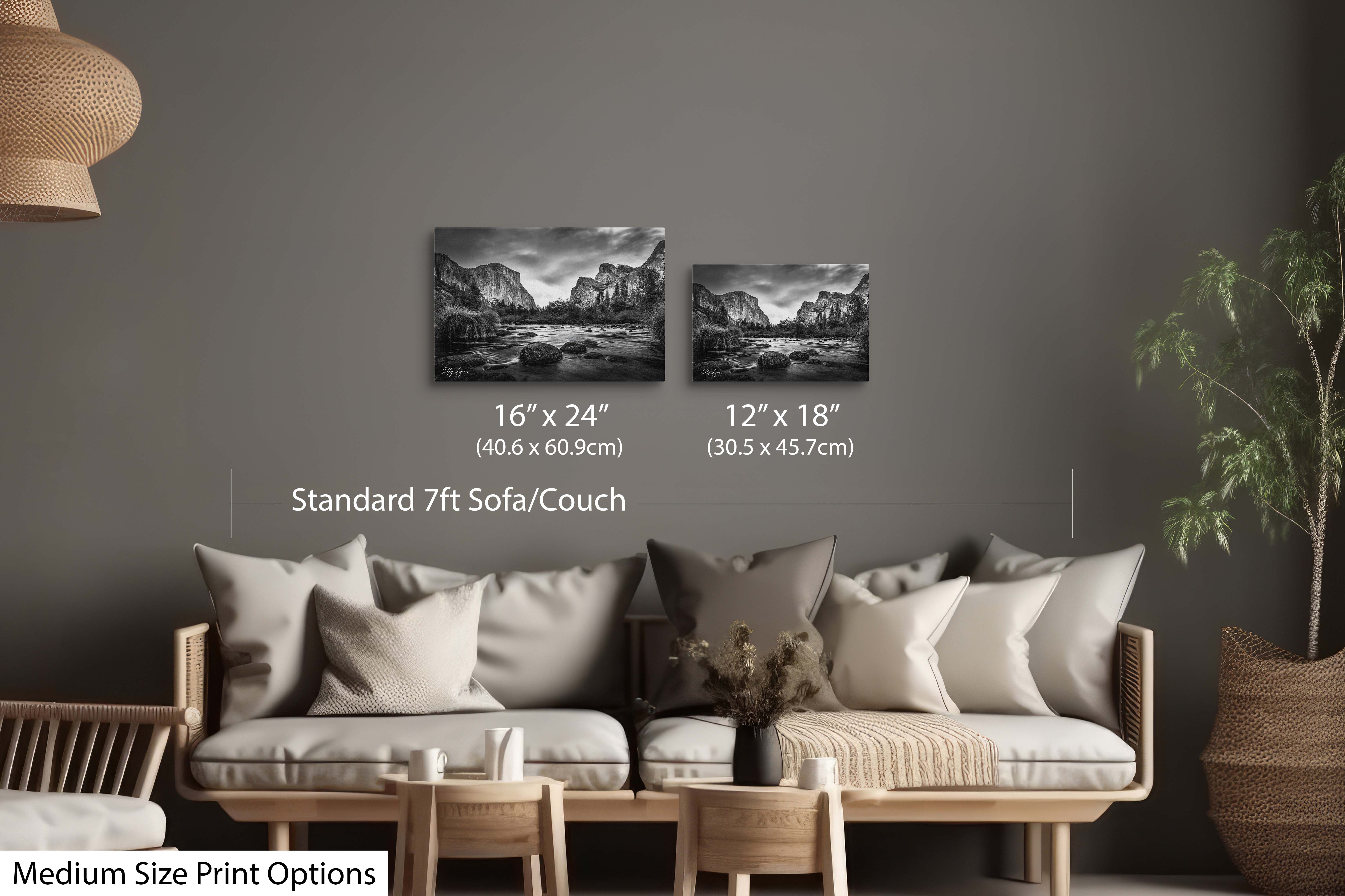 “The Stillness Between Giants” - Yosemite Valley Black and White Wall Decor | El Capitan & Cathedral Rocks River View Fine Art Print