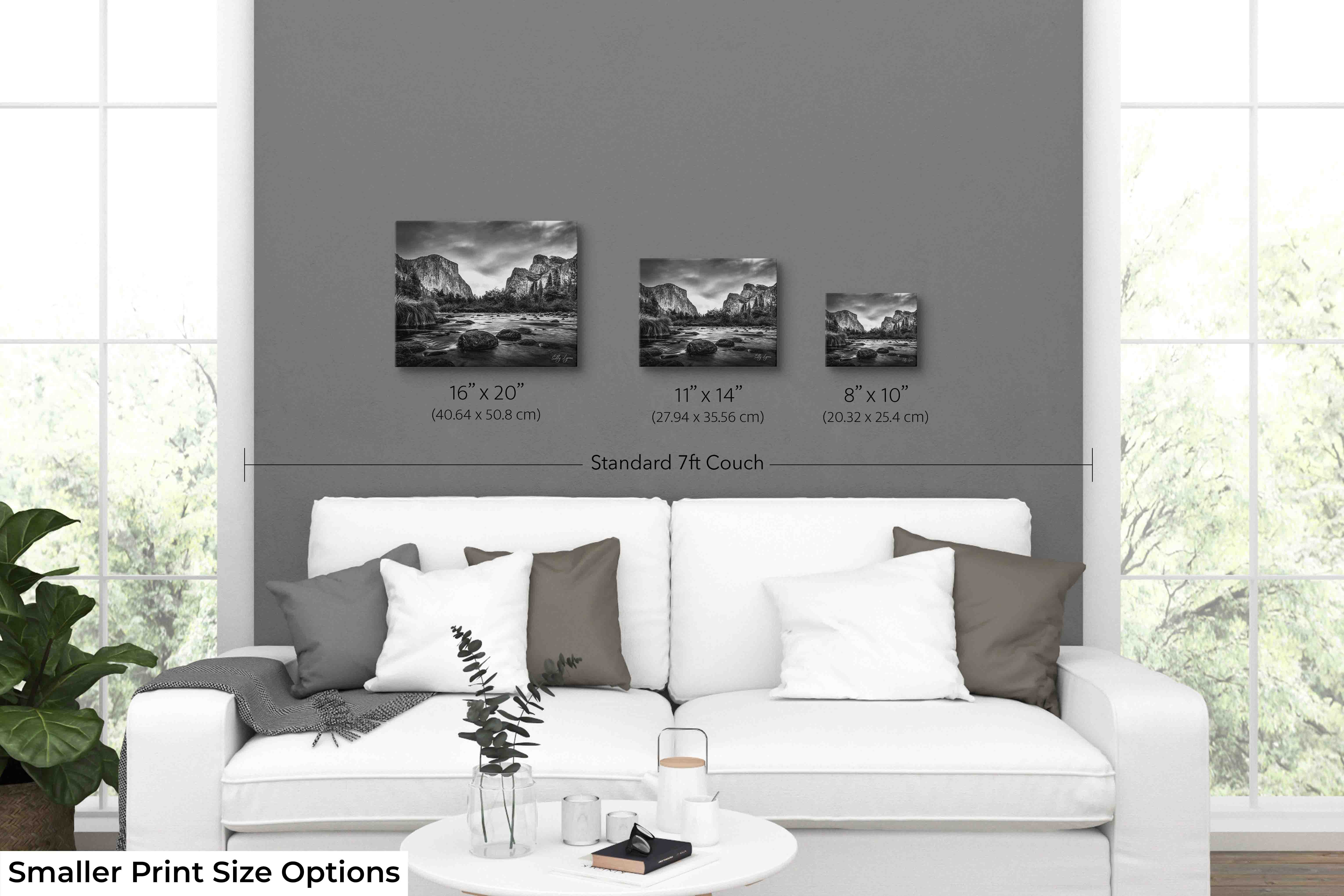 “The Stillness Between Giants” - Yosemite Valley Black and White Wall Decor | El Capitan & Cathedral Rocks River View Fine Art Print