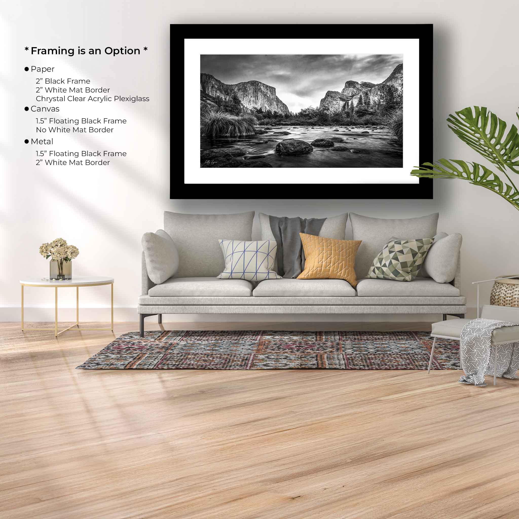 “The Stillness Between Giants” - Yosemite Valley Black and White Wall Decor | El Capitan & Cathedral Rocks River View Fine Art Print