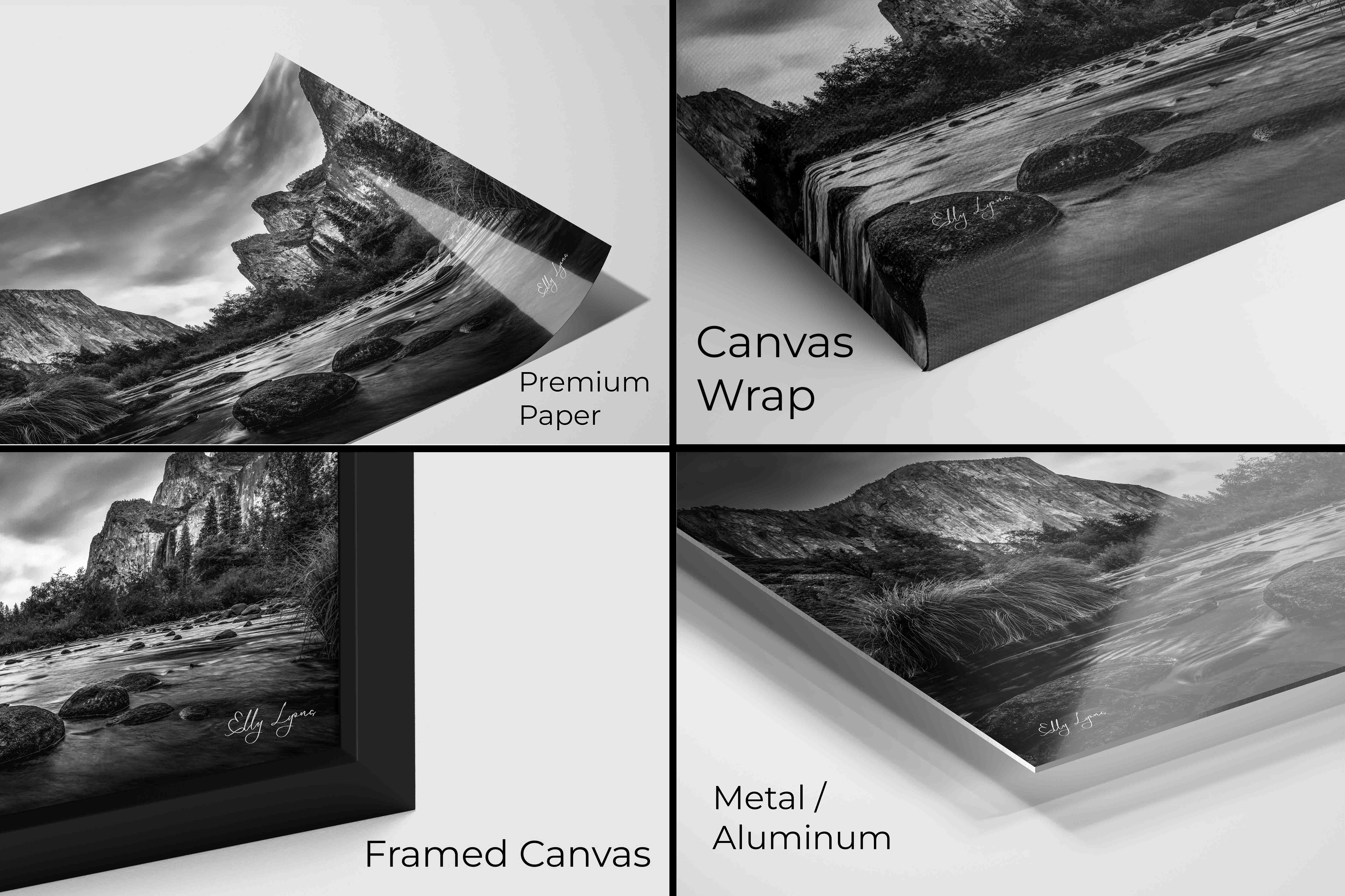 “The Stillness Between Giants” - Yosemite Valley Black and White Wall Decor | El Capitan & Cathedral Rocks River View Fine Art Print